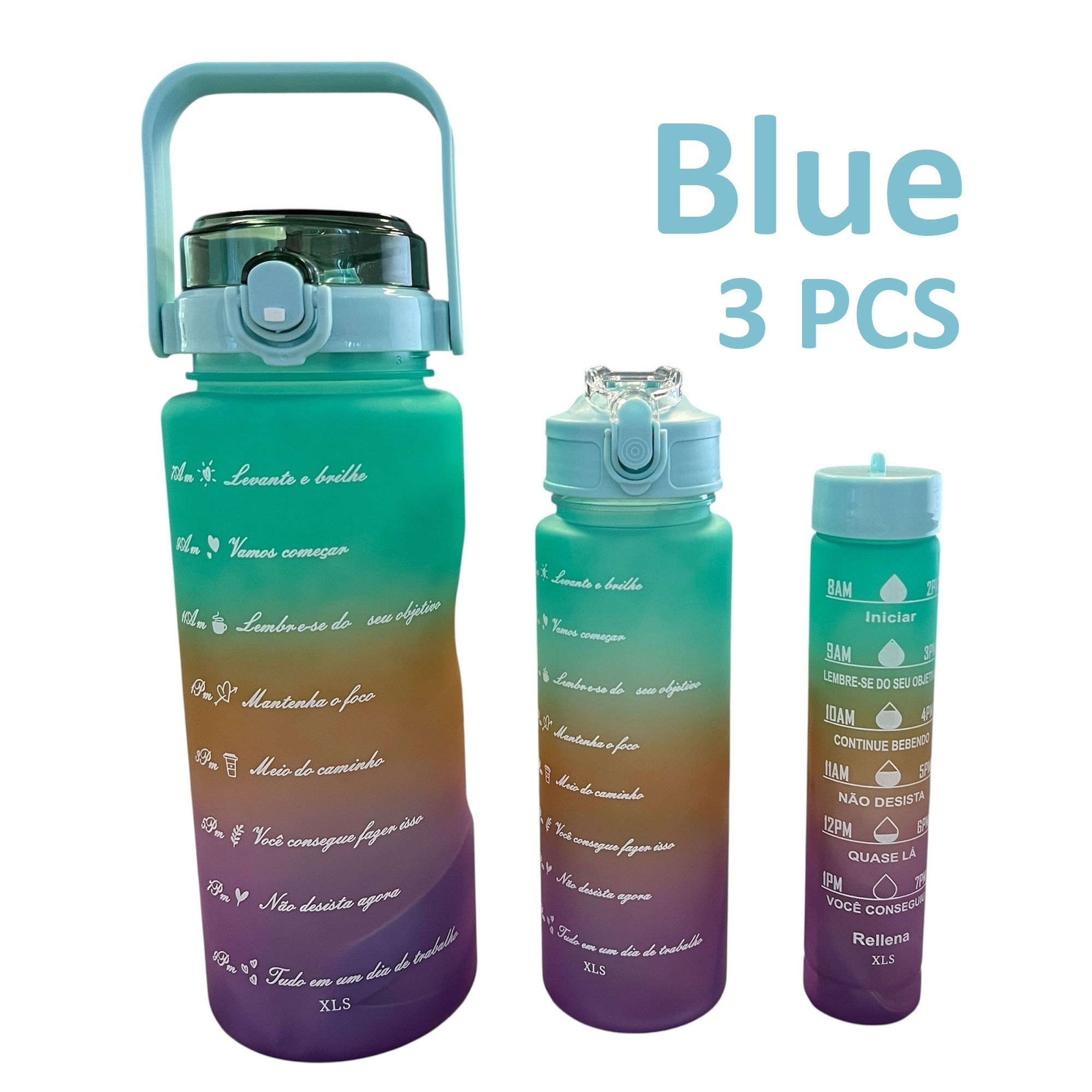3pièces Ensemble de bouteilles d'eau motivantes avec autocollants et breloques gratuits, gourde d'eau étanche sans BPA avec marqueur de temps (2000ml + 900ml + 280ml)