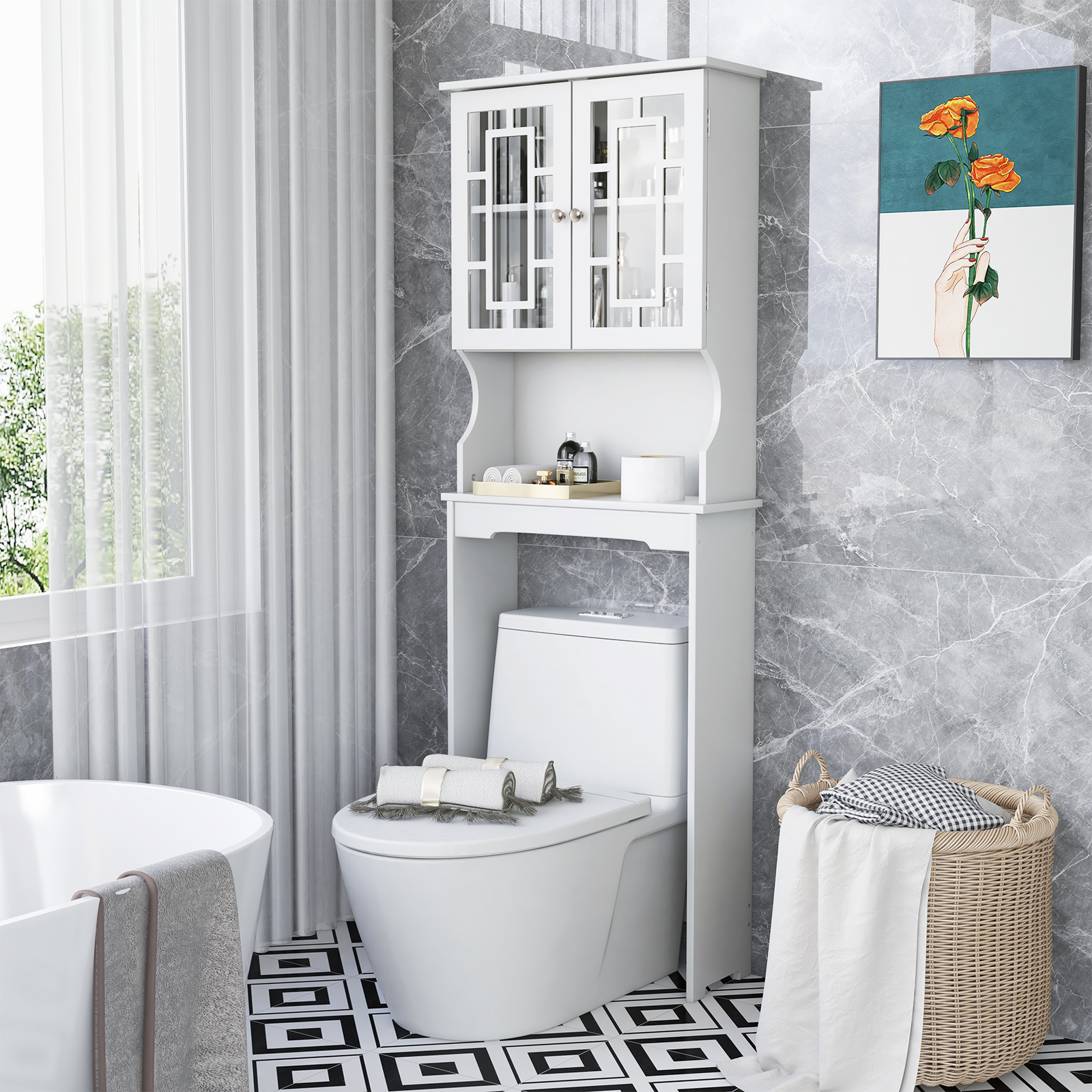 TEMU de Rangement COSTWAY pour Toilette, Étagère avec 2 Portes en Verre Trempé, Étagère Ouverte et 3 Niveaux Réglables, Organisateur de Salle de Bain