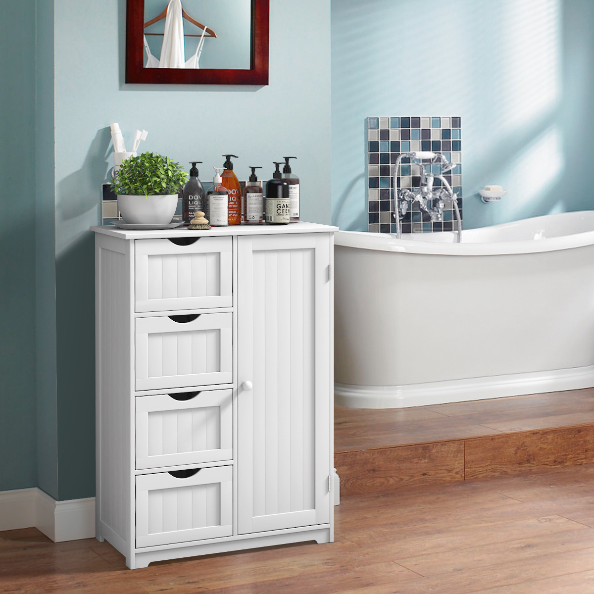 TEMU CABINET DE STOCKAGE DE SOL DE BAIN COSTWAY, CABINET DE STOCKAGE EN BOIS AVEC 4 TIROIRS ET ÉTAGER REGLABLE, ORGANISATEUR DE STOCKAGE MODERNE POUR