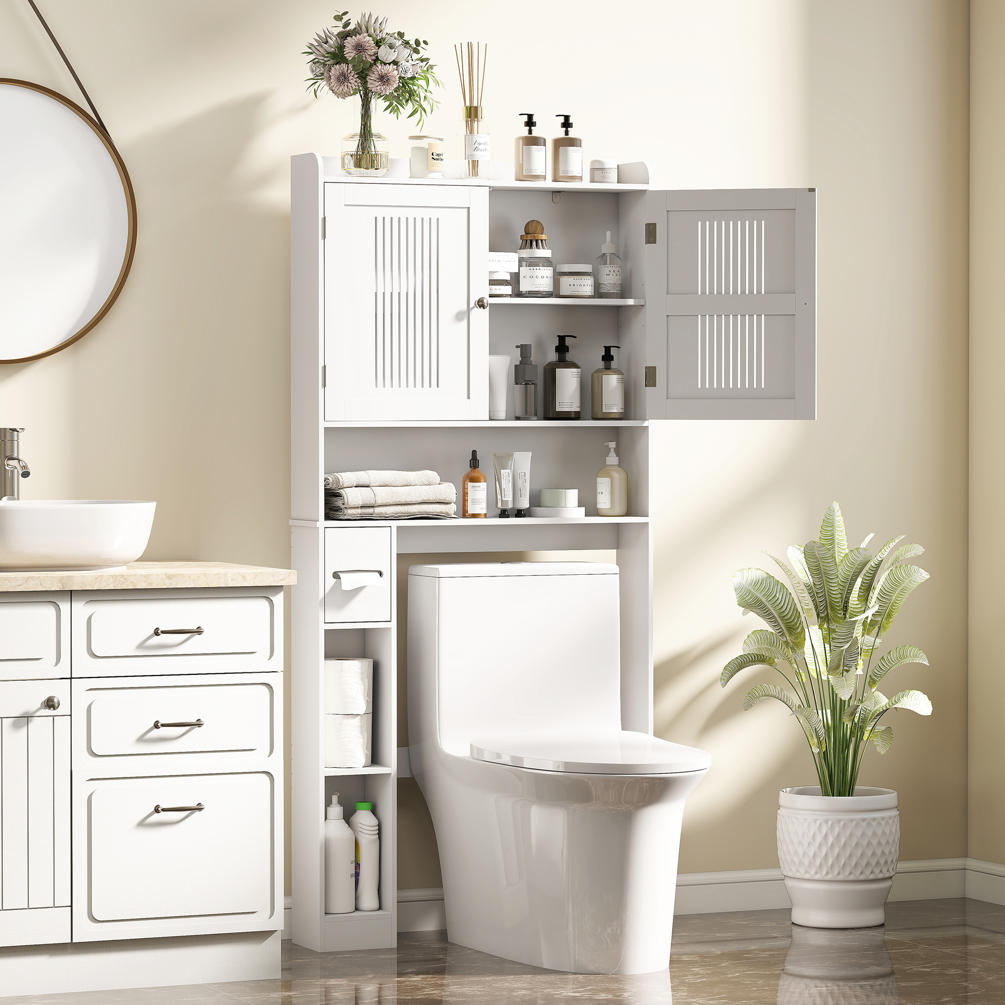 TEMU Étagère de Rangement Sur Toilette, Organisateur de Salle de Bain Moderne Au-Sus de la Toilette avec Étagère Réglable, Porte-Papier Toilette, de