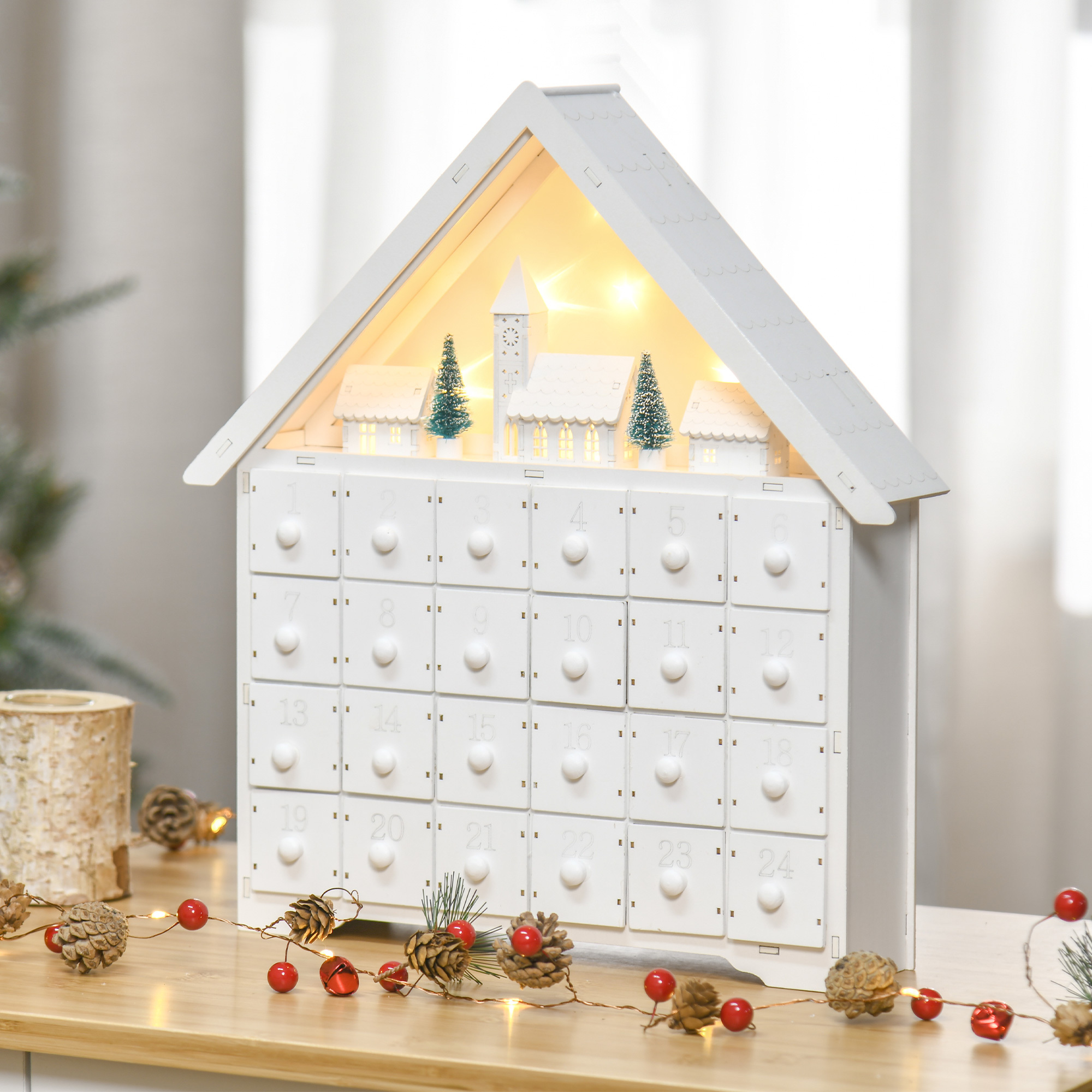 TEMU Calendrier de l'Avent de Noël, Maison en Bois Lumineuse avec Tiroir Compteur Régressif, Décoration de Village pour Enfants et Adultes, Blanc