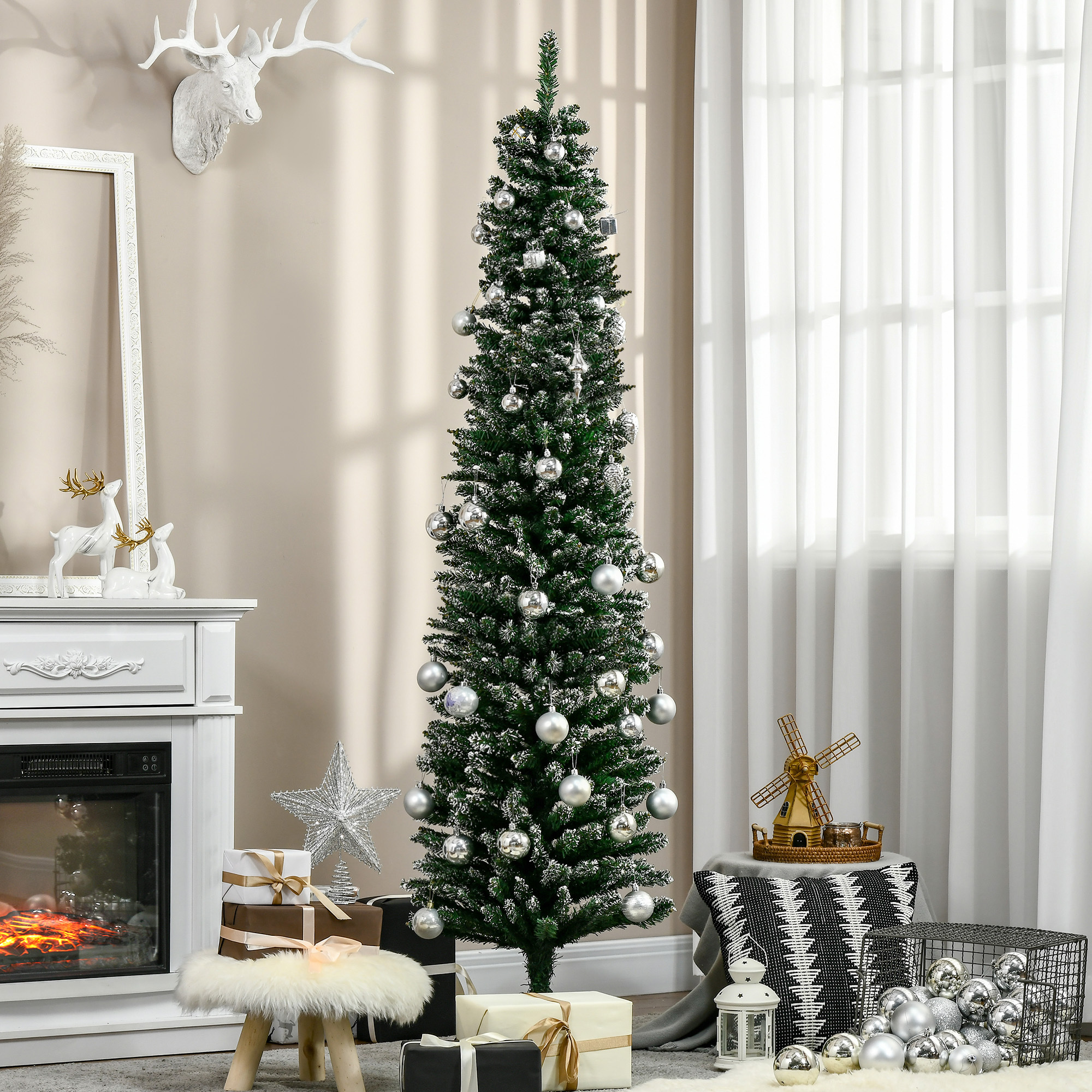TEMU HOMCOM Sapin de Noël Artificiel 6 Pieds avec Neige, Arbre de Noël Crayon, Décoration d'Intérieur pour Fêtes avec Support Pliable Noir pour
