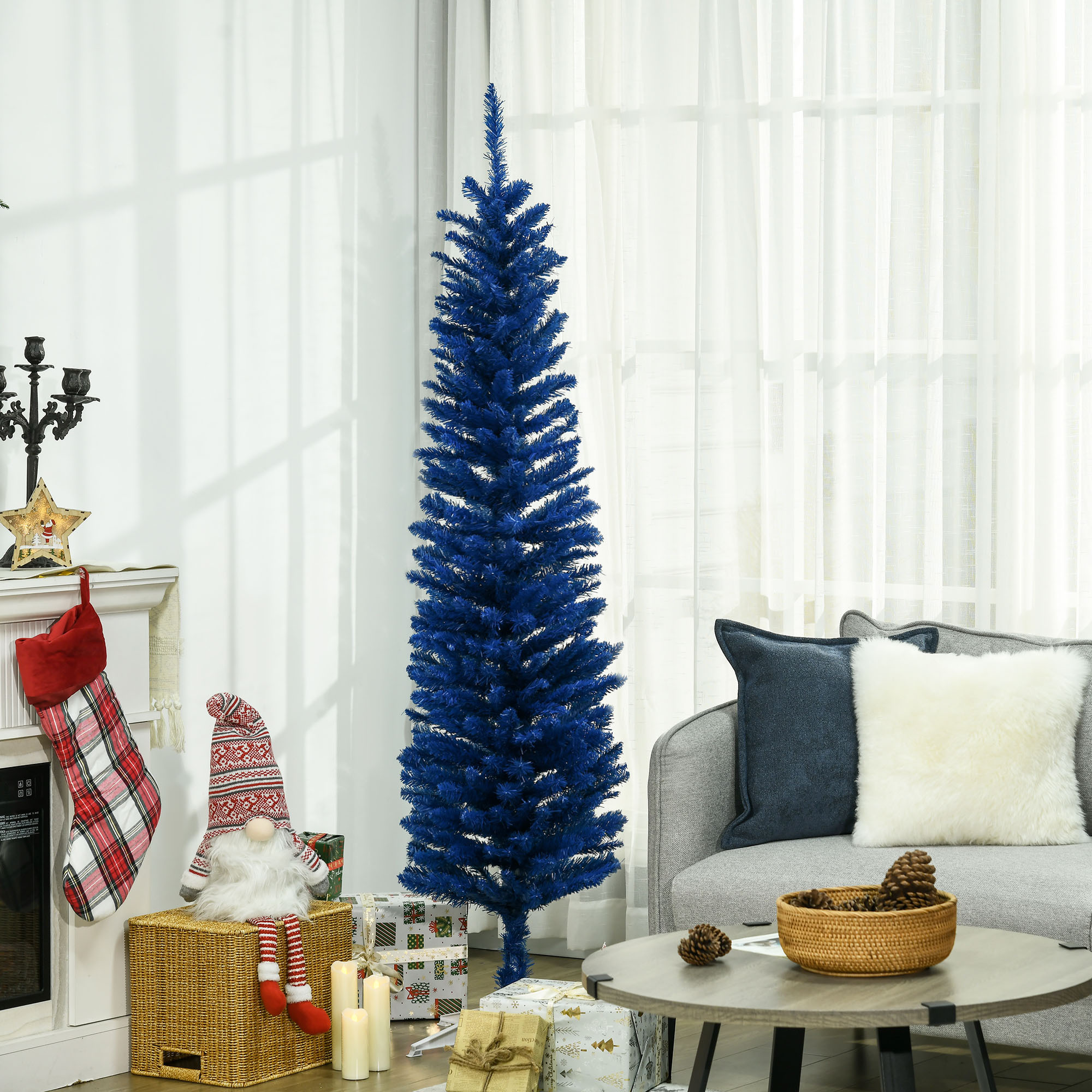 TEMU Arbre de Noël en bâton de 6 pieds, arbre de Noël artificiel mince avec des branches réalistes, support robuste, bleu