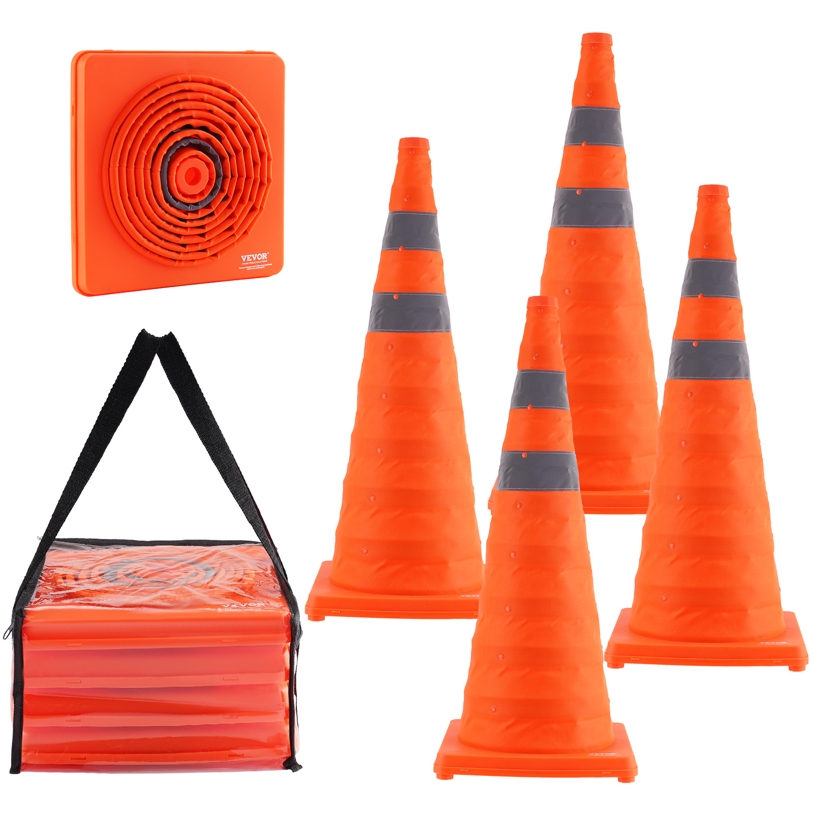 TEMU VEVOR Cones de Sécurité, Lot de 4, 28 pouces, Cones de Construction Pliables avec Réfléchissants, Base Large et Sac de Rangement, pour Contrôle