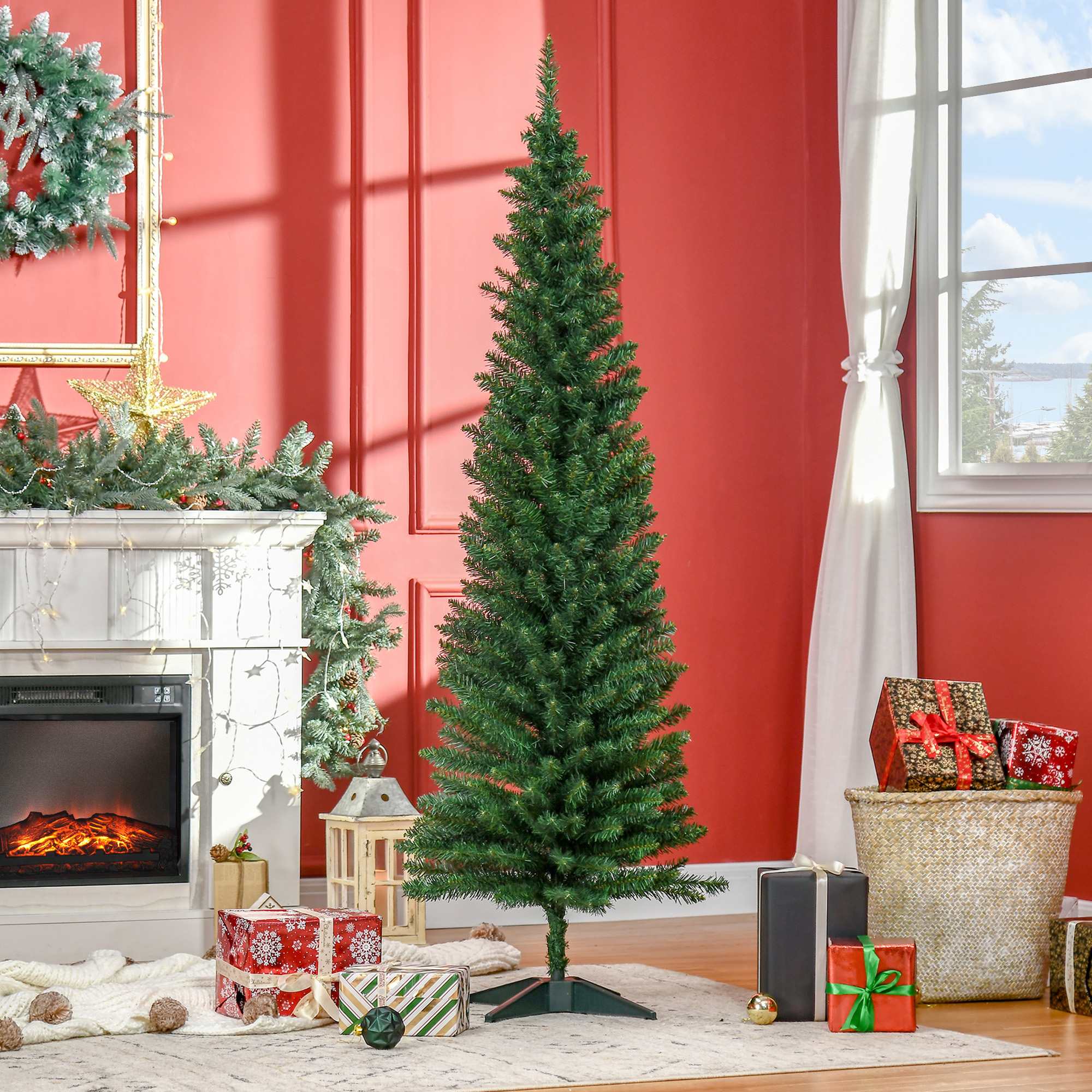 TEMU Arbre de Noël en bâton de 6 pieds, arbre de Noël artificiel mince avec des branches réalistes, support robuste, vert