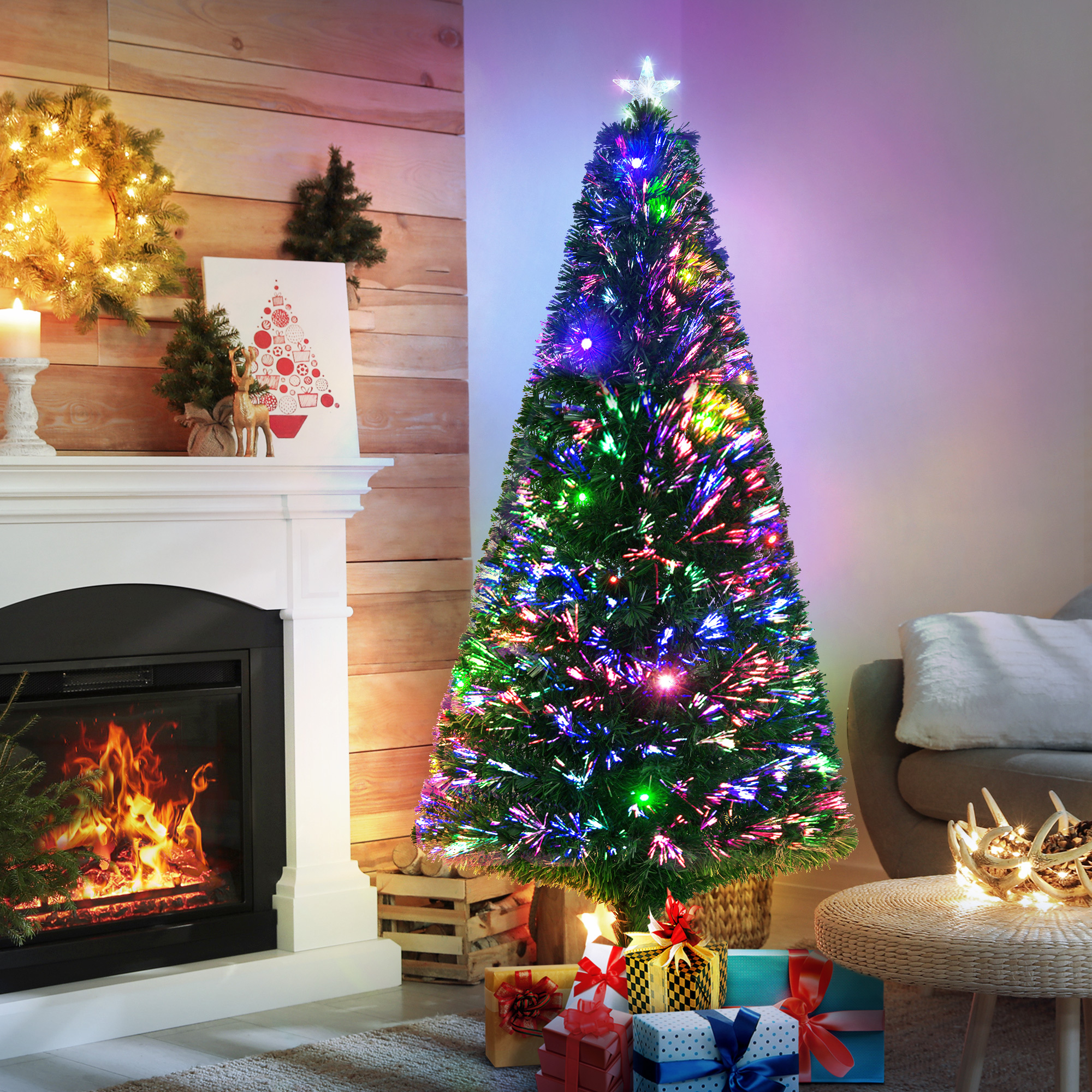 TEMU Arbre de Noël artificiel pré-lumineux de 6 pieds, arbre à fibres optiques, décoration de Noël avec multicolores, 230 pointes