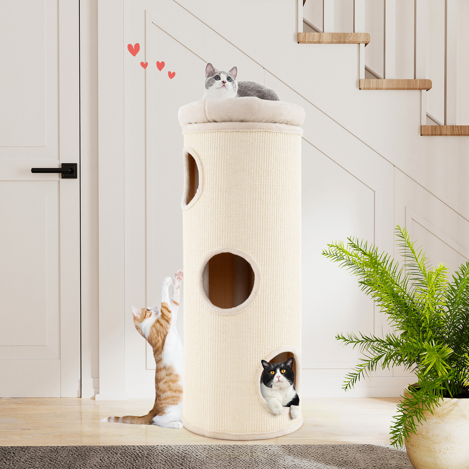 TEMU MAISON COSTWAY 4 Étages pour Plusieurs Chats, Lit Cave surélevé de 49" avec Perchoir Rembourré Amovible, Housse en Sisal, Tapis en Bambou, Condo