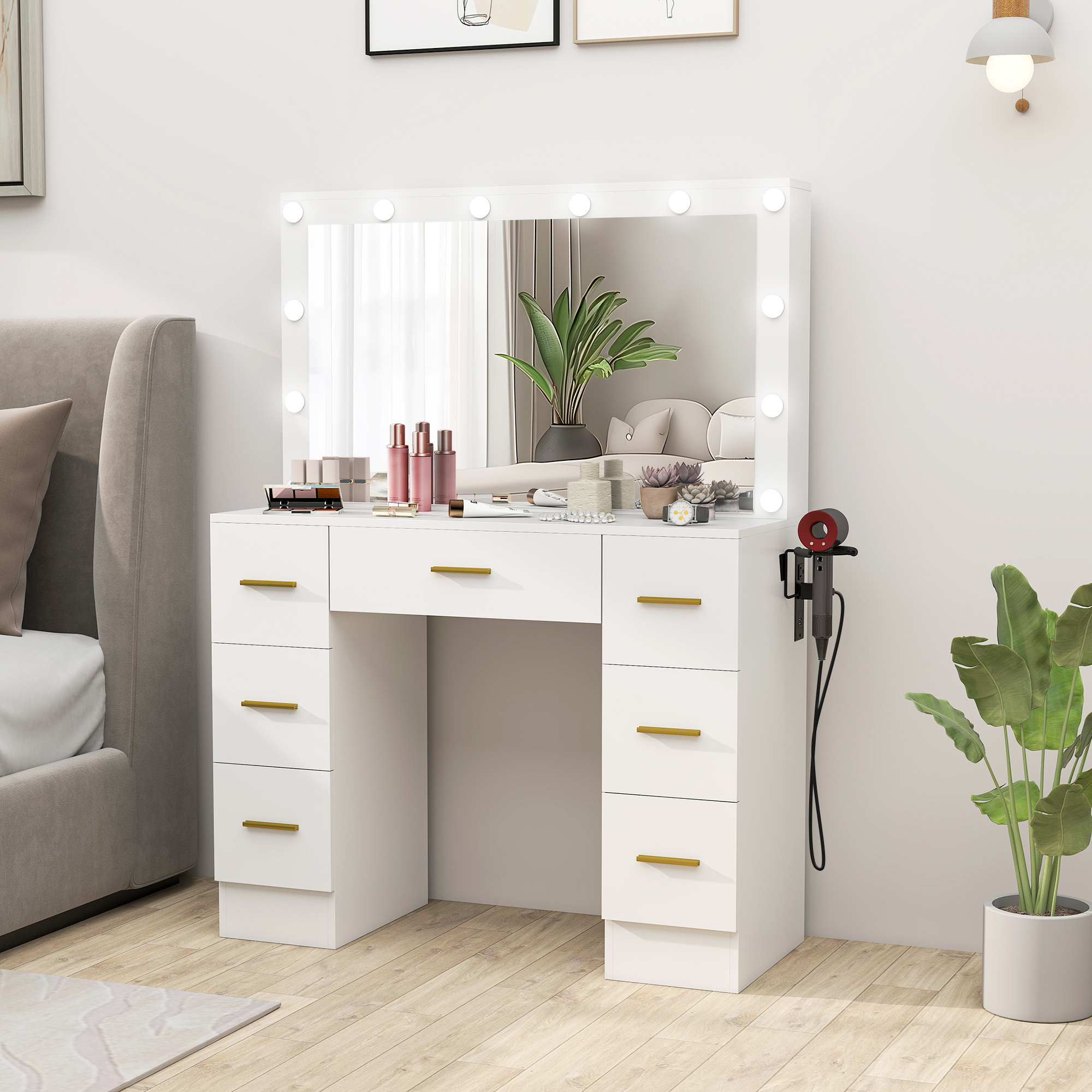 TEMU Coiffeuse avec , Lumières LED et Station de Charge, Table de Toilette avec 7 Tiroirs, 6 Compartiments de Rangement Coulissants et