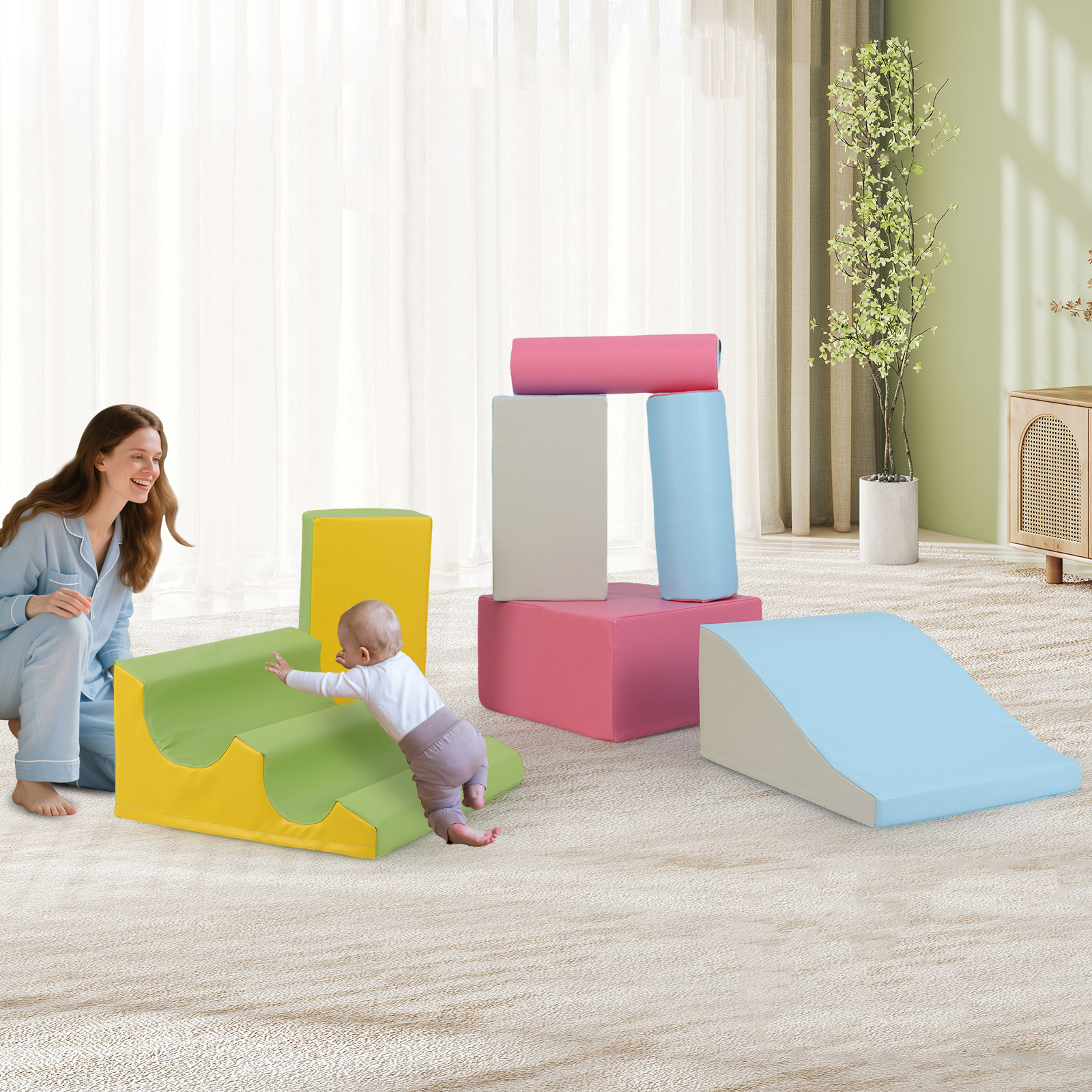 TEMU COSTWAY Blocs de en mousse pour les tout-petits, 7 pièces de jouets de jeu doux avec crochets et boucles pour se traîner, activement, développer