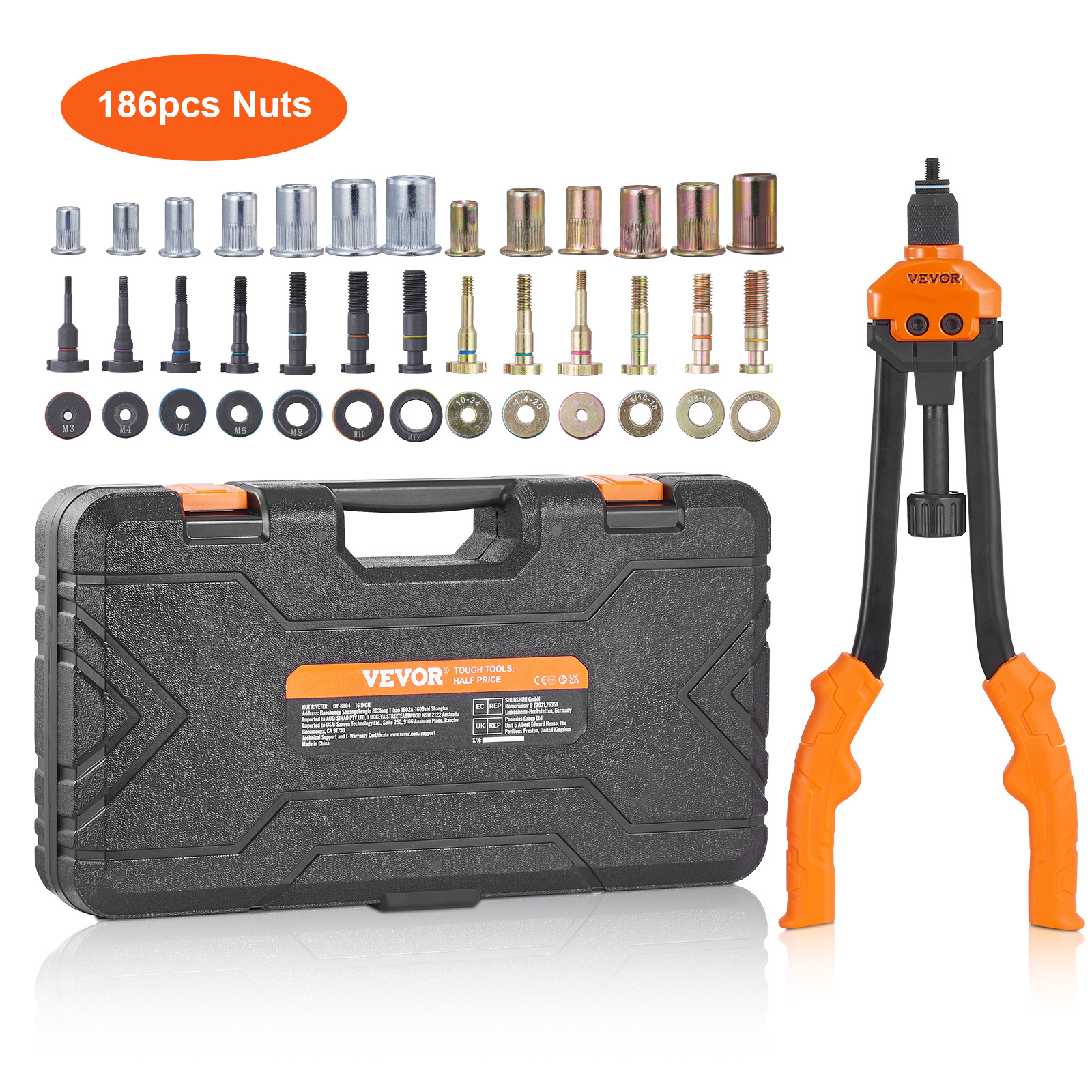 TEMU Vevor Rivet Nut Tool, 16" Rivnut Tool Kit With 13pcs Metric And Sae Mandrels, 186pcs Rivet Nuts, M3, M4, 10-24, M5, M6, 1/4, 8-32, 5/16-18, M8,