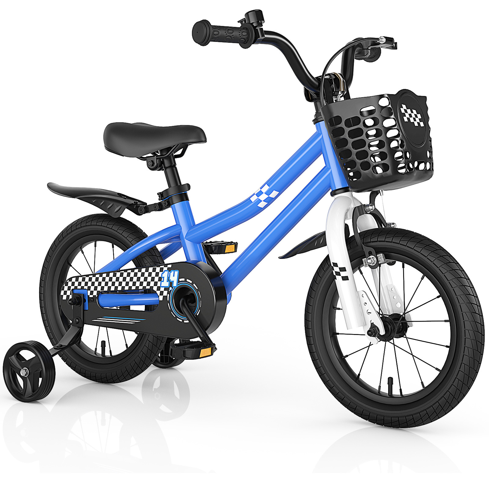 TEMU Vélo pour enfants de 14" avec roues d'entraînement amovibles et panier pour de 3 à 5 ans, bleu