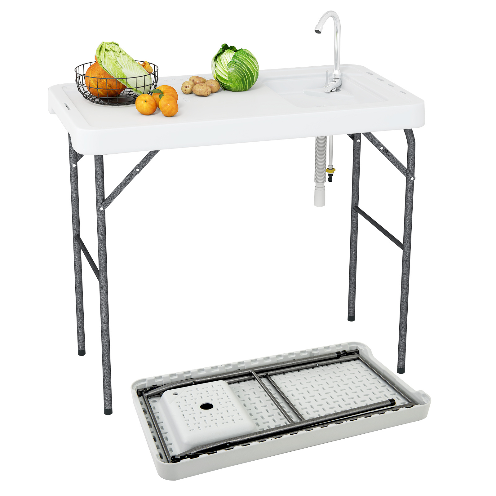 TEMU Table de nettoyage de poisson COSTWAY, 42.5" Table pliante portable avec évier, robinet pivotant à 360° et tuyau d'égouttage, station de