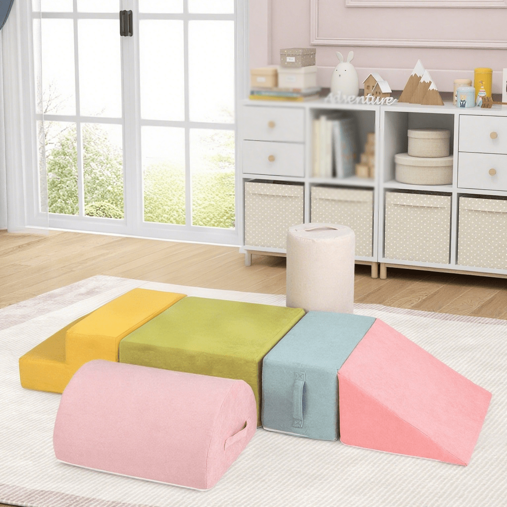 TEMU COSTWAY 6pièces Blocs de pour bébé, Structure de jeu douce intérieure pour enfants avec tissu chenille de , mousse à haute 30D et poignées de