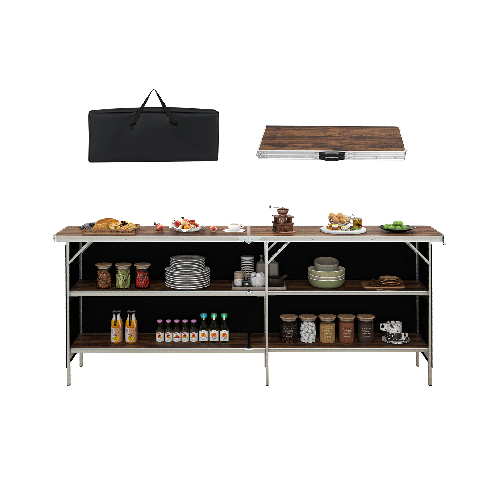 TEMU Table de Bar Portable COSTWAY, Table de Camping Pliable avec Cadre en Alliage d'Aluminium, 2 Étagères & Plateau de 80", Écran Latéral, Sac de