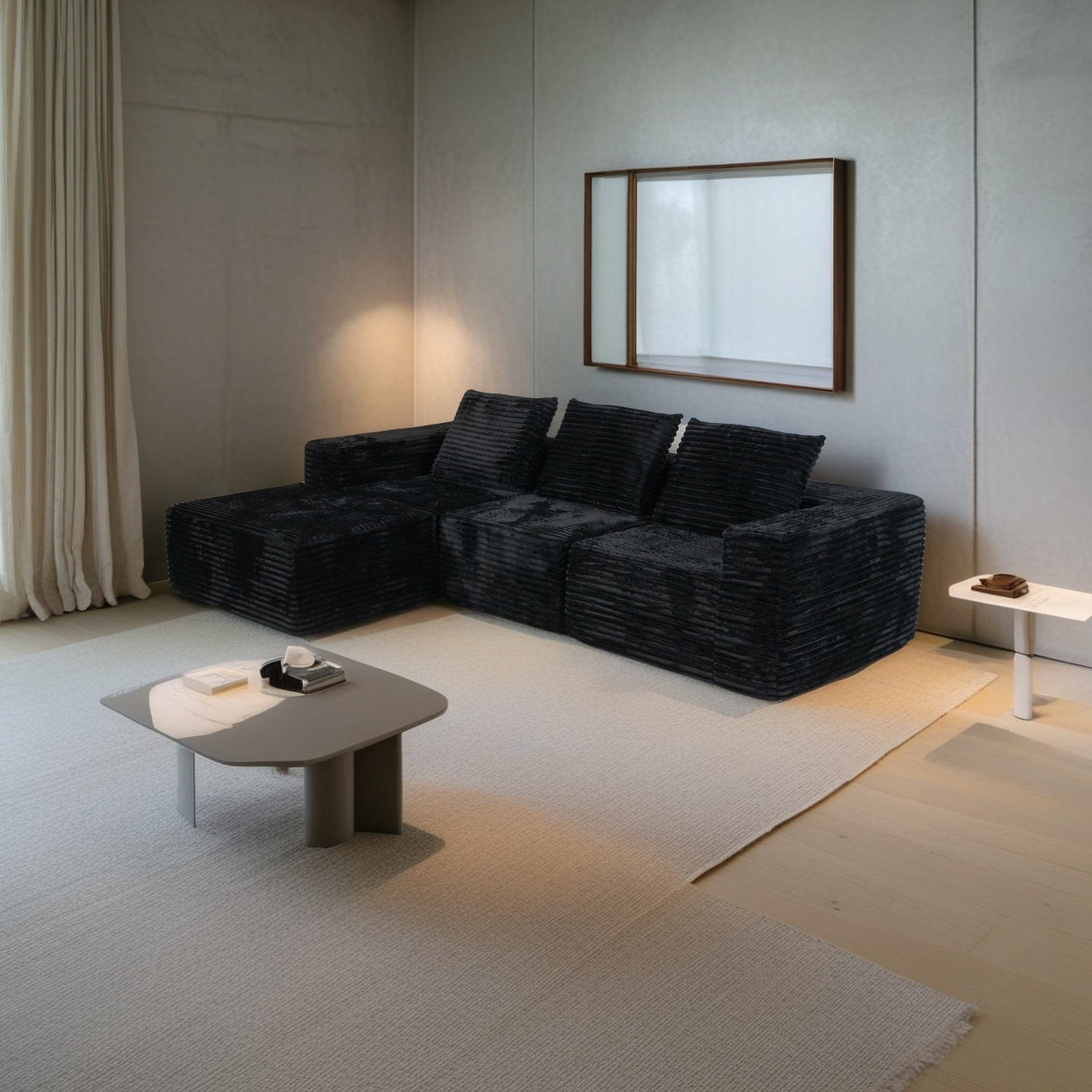 cubic   4pcs versatile sectional with   pei inspired wrinkle design high polymer foam filling removable washable covers   configurable into l shaped sofa or 78  78in sofa bed Product details 0