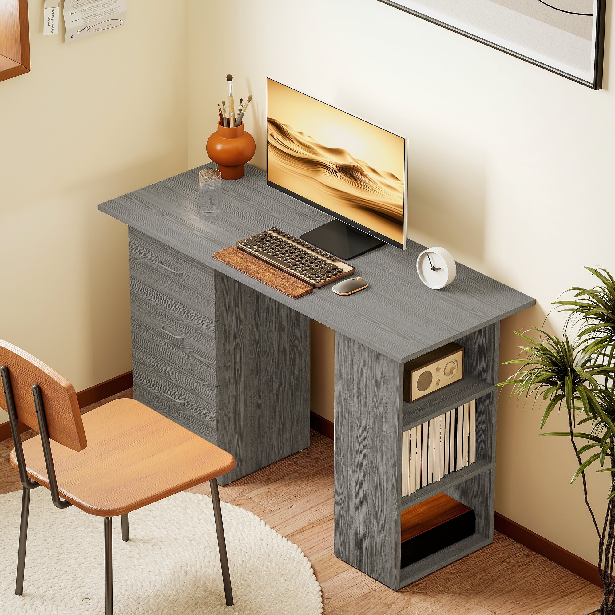 TEMU Bureau d'ordinateur avec tiroirs, 47", Bureau de bureau à domicile avec rangement, Étagères à 3 niveaux et 3 tiroirs réversibles, Table d'étude