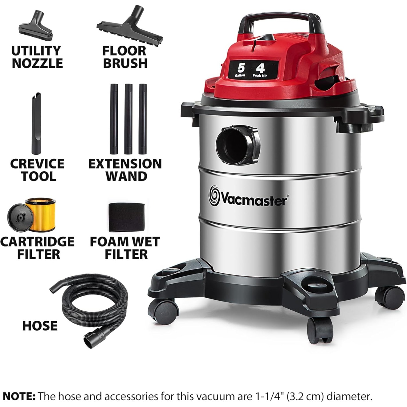 TEMU Stainless Steel Wet Dry Shop Vacuum 5 Gallon 4 1-1/4 Inch Hose Powerful Suction With Blower Function | 18kpa