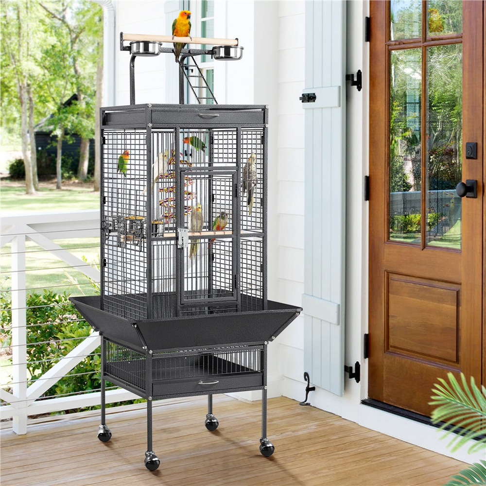 TEMU DESIGN Cage à oiseaux, 68,5 pouces Cage à perroquet debout avec terrasse de jeu, Cage à oiseaux en métal roulant pour gris africain, cockatiel,