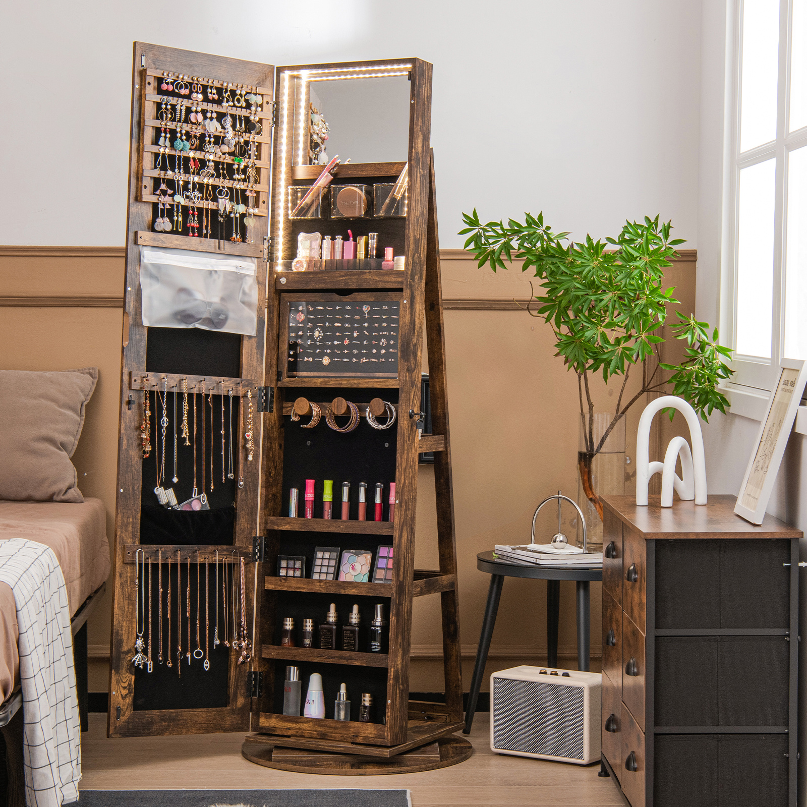 TEMU à Bijoux Rotative 360° COSTWAY avec Longueur Complète, Meuble à Bijoux et Maquillage avec Intérieur, Organisateur de Bijoux Verrouillable avec