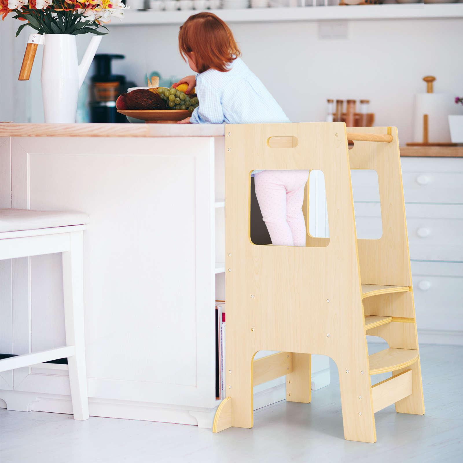TEMU Tabouret de Cuisine COSTWAY pour Enfants, Tour de Debout 2-en-1 avec Noir, Barre de Sécurité, Marche Antidérapante et Réglable, pour Bébé