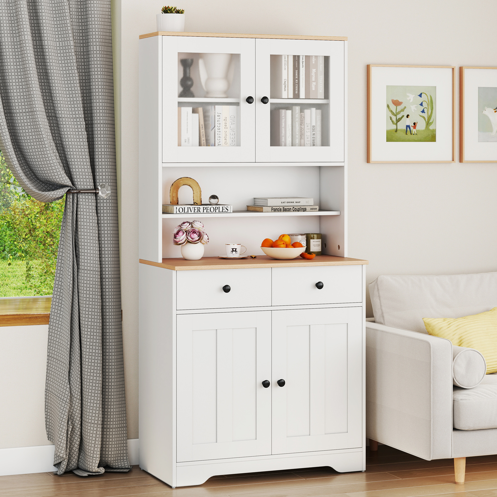 TEMU de Rangement COSTWAY, 67" de Hauteur, avec 2 Étagères Amovibles, 2 Tiroirs, 2 Portes en Verre & 1 Placard, de Rangement Style Ferme avec Commode