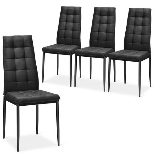 set of 4 dining chairs 4 pcs armless side fabric chairs with thick upholstered cushion high sponge backrest powder coated metal legs checked pattern seats soft household home room bedroom office furniture black