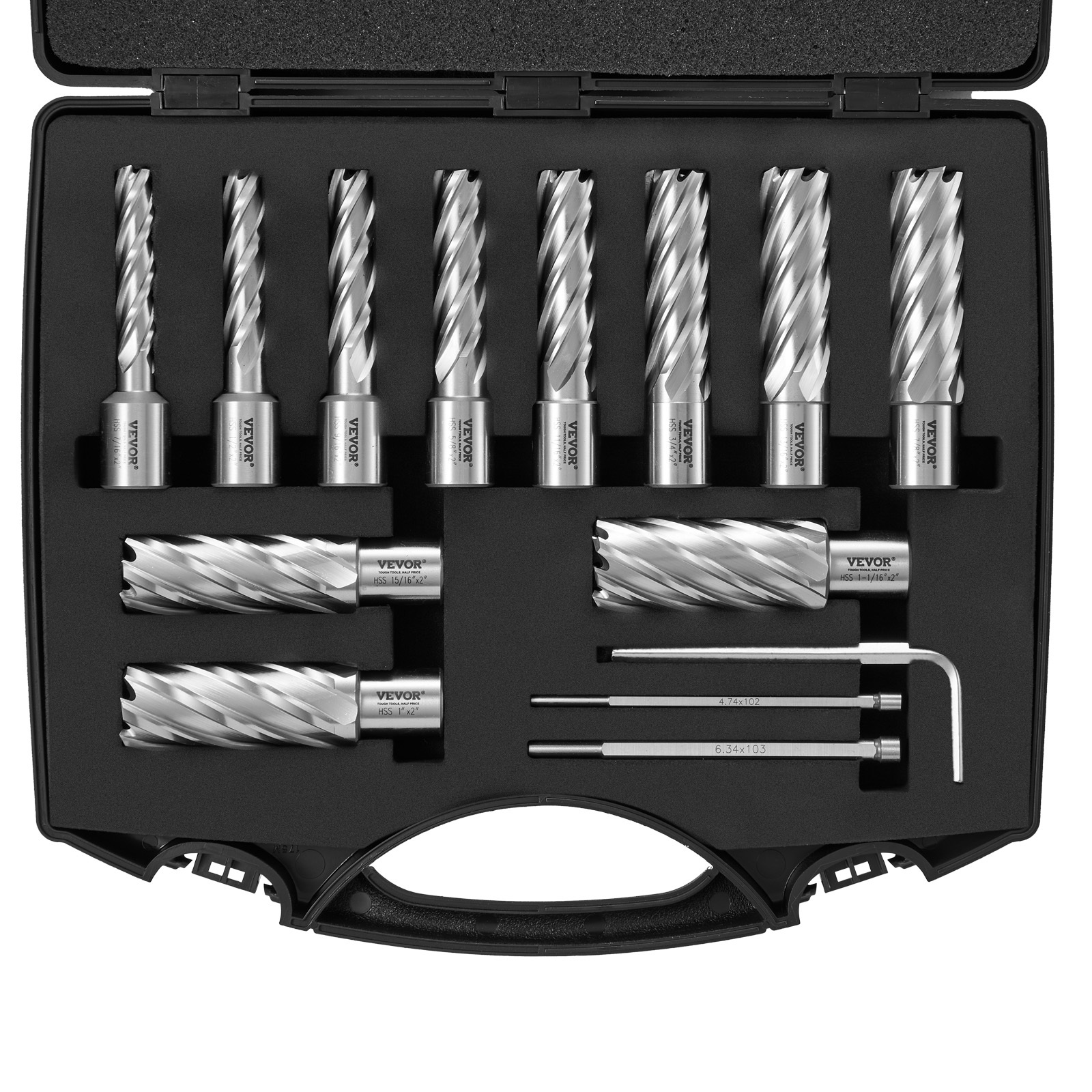 TEMU Vevor Annular Cutter Set, 13pcs Shank Mag Drill Bits, 2" Cutting Depth, 7/16" To 1-1/16" Cutting Diameter, M2al Hss, With 2 Pilot Pins, Hex