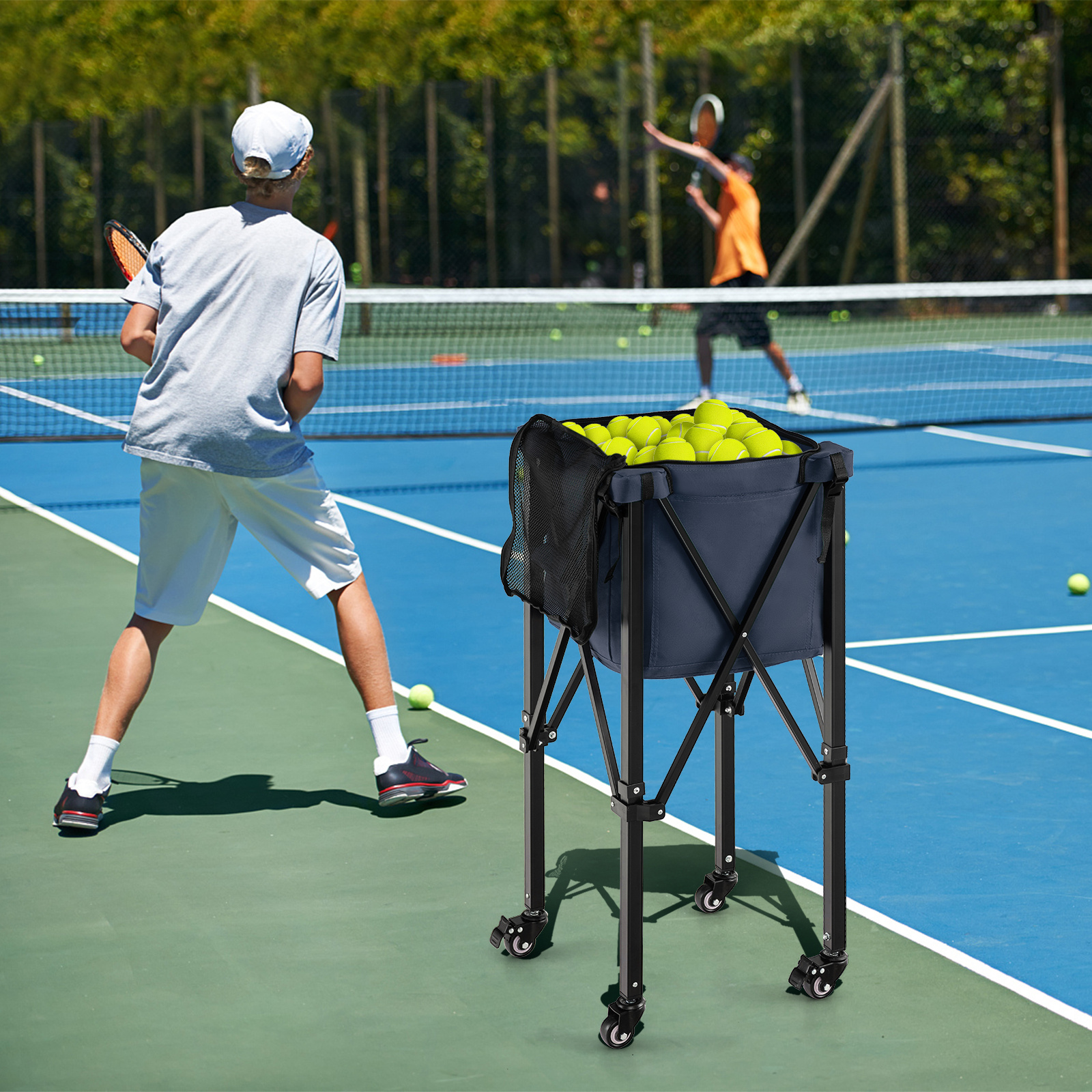 TEMU COSTWAY Chariot à balles de tennis pliable, panier à balles de tennis léger en aluminium avec roues, sac amovible, poches latérales et sac de