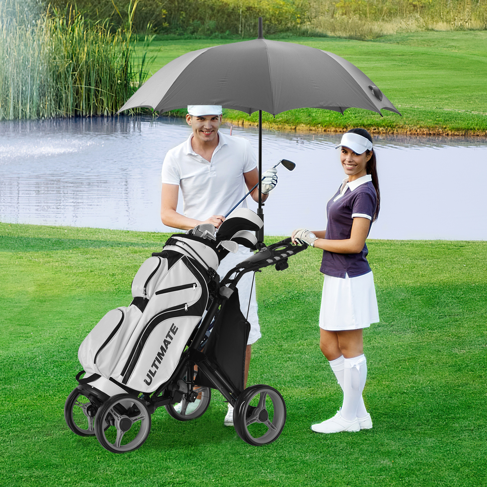 TEMU 4 Roues Golf Push Cart, Trolley De Golf Pliant Léger Avec Support Pour Carte De Score/tasse/parapluie/sac À Golf Et Sac Froid, Support Supérieur