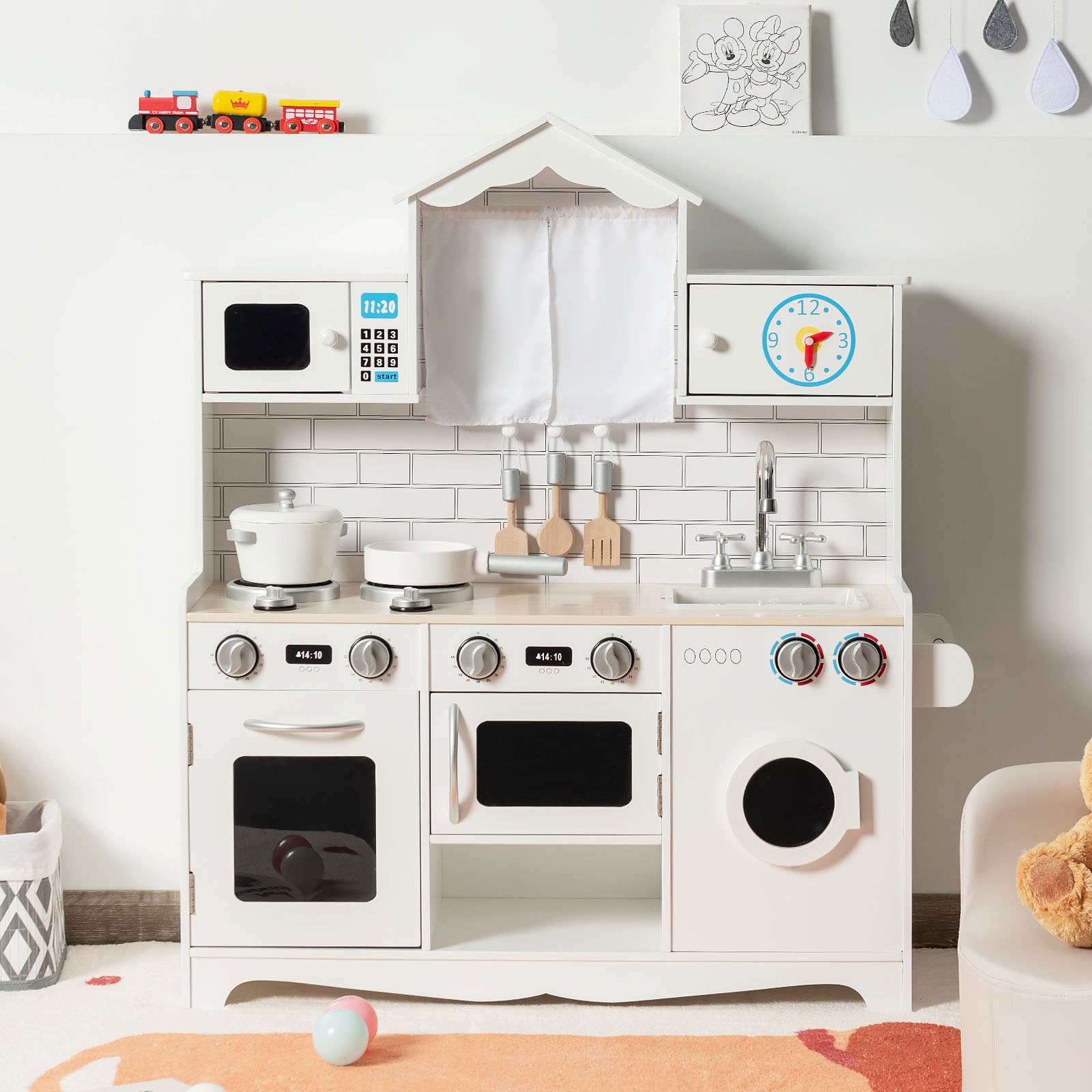 TEMU COSTWAY Pretend Kitchen Toys, Cuisine En Bois Pour Enfants Avec Machine À Laver, Cuisinière, Four, Micro-ondes, Évier Amovible, Cuisinières Avec