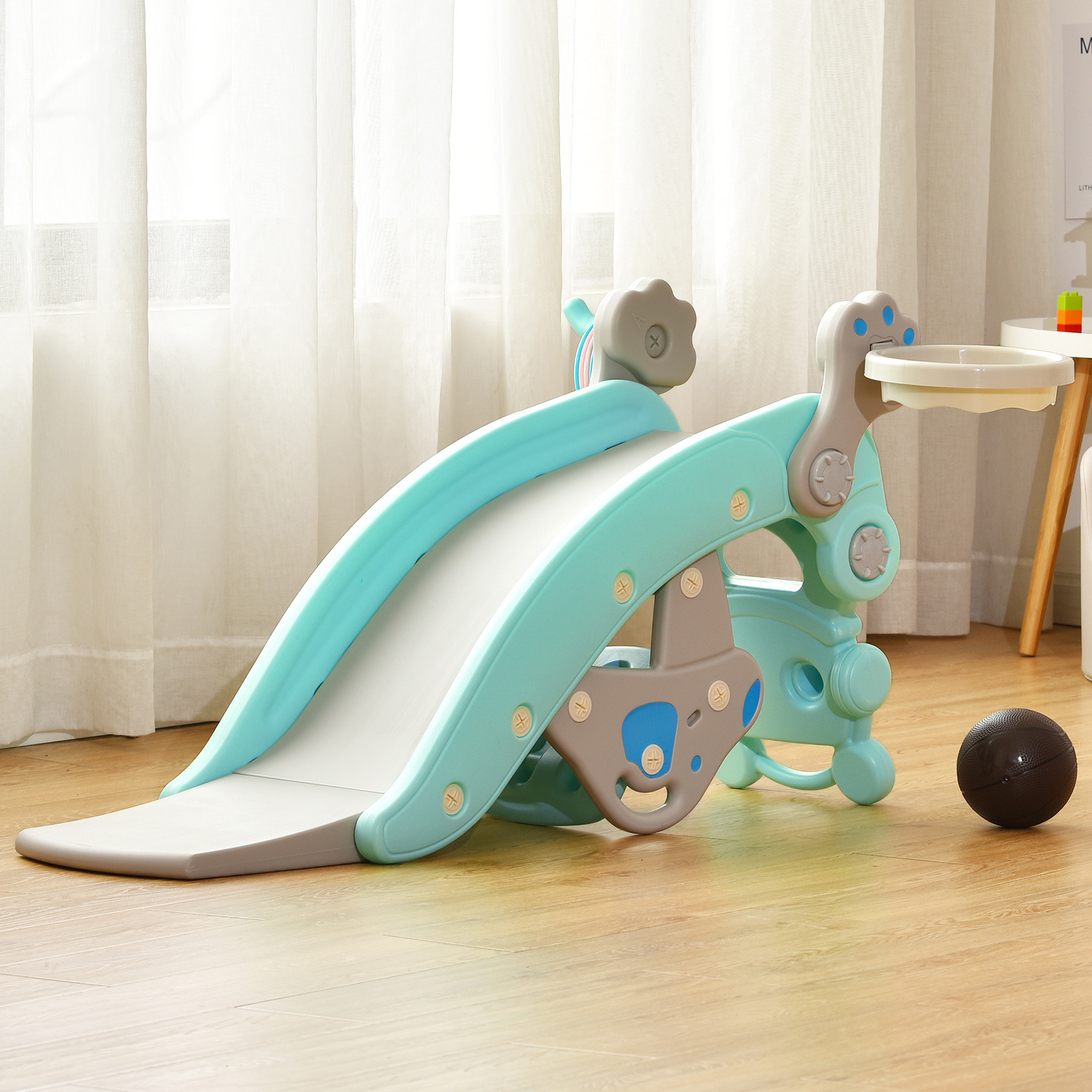 TEMU Ensemble de Balançoire et Glissière COSTWAY pour Tout-Petits, Glissière Convertible avec Panier de Basket, Jeu d'Anneau et Tabouret Détachable,