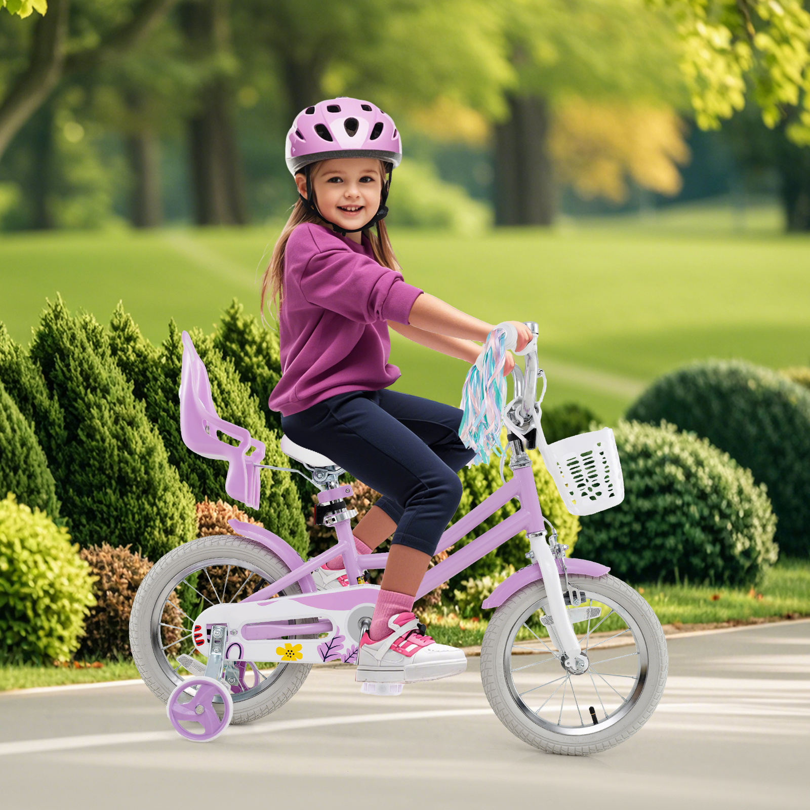 TEMU COSTWAY 14 Pouces Vélo Pour Enfants Avec Roues D'entraînement, Panier À Jouets Pour Poupée, Bandeau, Frein À Main