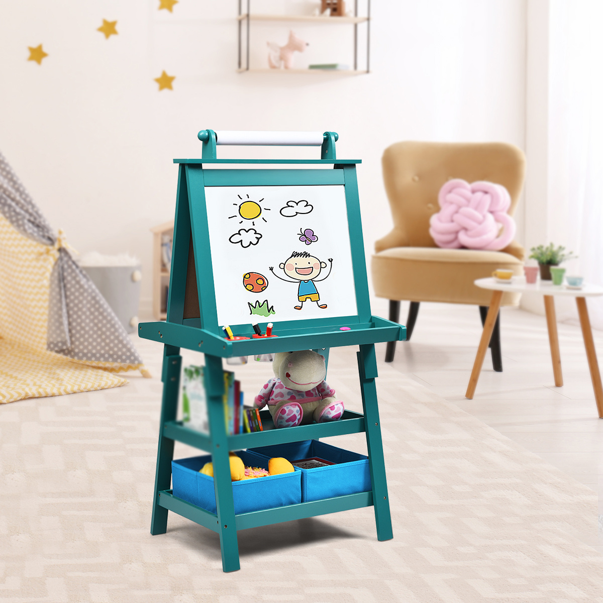 TEMU COSTWAY Kids Art Easel, Easel, avec blanc, noir et rouleau de papier, support à 2 niveaux avec 2 boîtes de rangement, plateau d'outils de grande