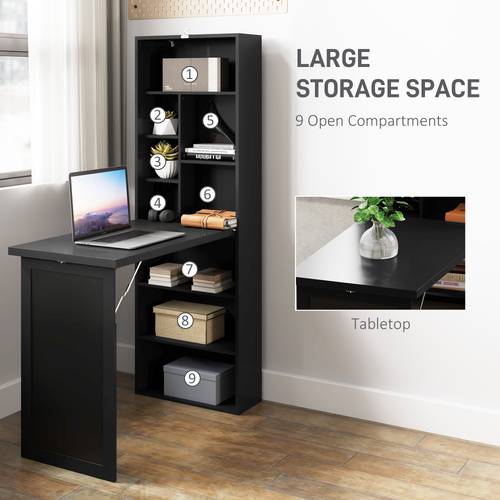 fold out convertible computer desk wall mount office desk with blackboard and side shelf study table with bookshelf for home office black