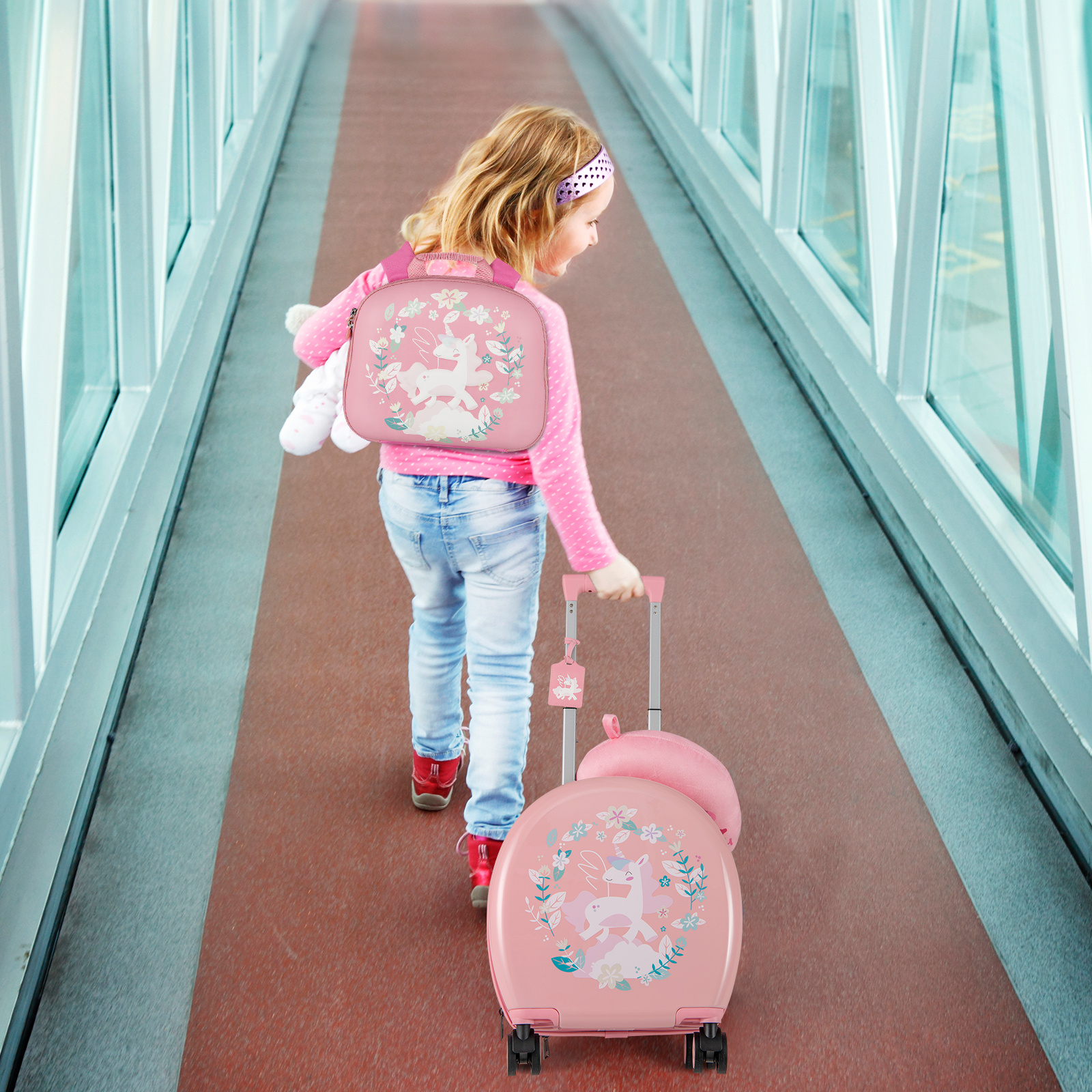 TEMU Costway 4 Pieces Kids Luggage Set, Carry- Rolling Suitcase Set W/ Backpack, Neck Pillow, Name Tag, Hardside Toddler Travel Luggage On Wheels