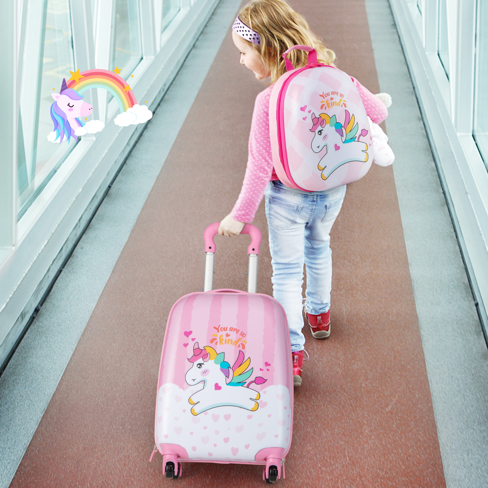 TEMU Costway 2pcs Kids Luggage Set, 16" Toddlers Carry-on Suitcase & 12" Backpack Set, Children Hard Shell Travelling Case W/ 4 Casters & Retractable