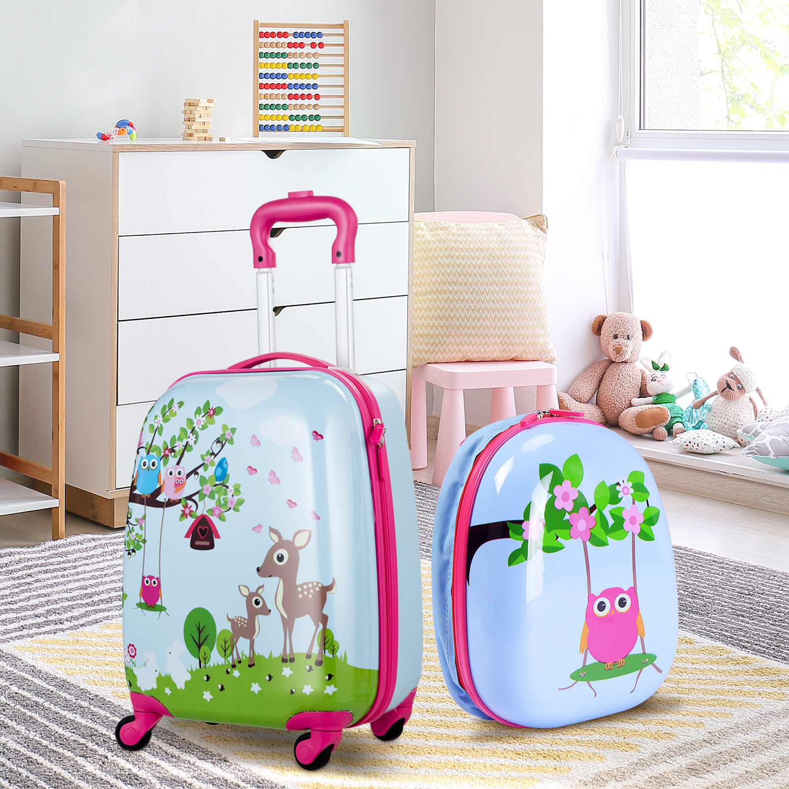 TEMU Costway 2 Pieces Kids Luggage Set, 16” Toddlers Carry-on Suitcase & 12” Backpack Set, Children Hard Shell Travelling Case W/ 4 Casters &