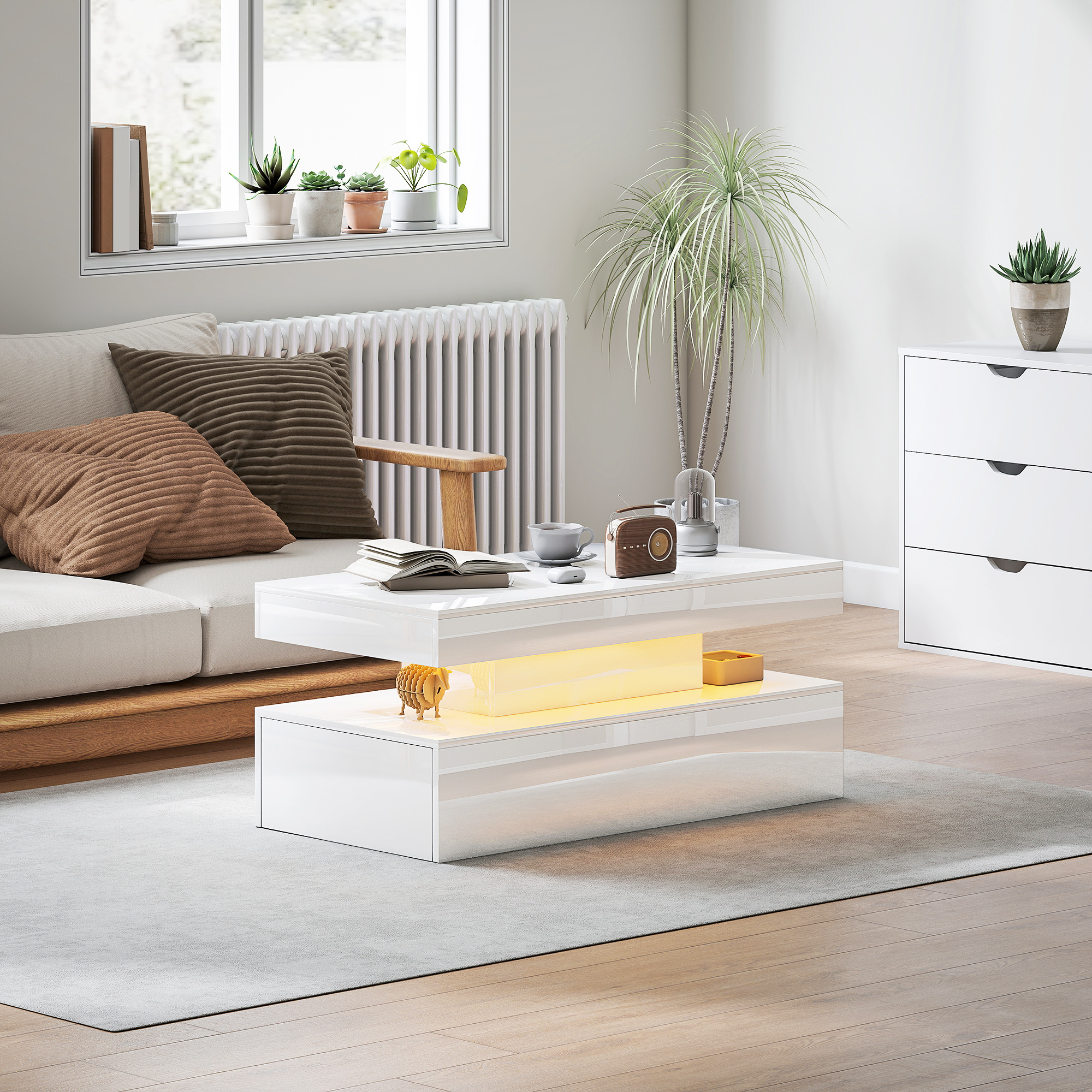 TEMU Homcom Coffee Table With Rgb Led Lights And Remote Control, Modern Center Table With 2 Drawers And Open Shelf For Living Room, High Gloss White