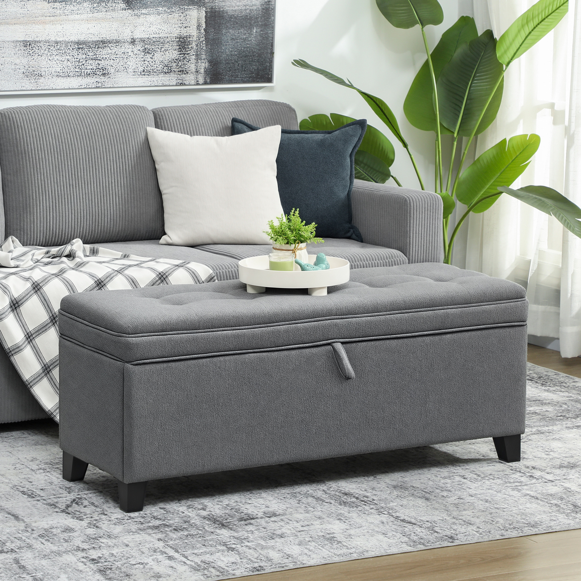 TEMU Banc de rangement ottoman, de pied avec charnières de sécurité et jambes, banc de lit, 47 pouces de rangement en lin pour salon, chambre à