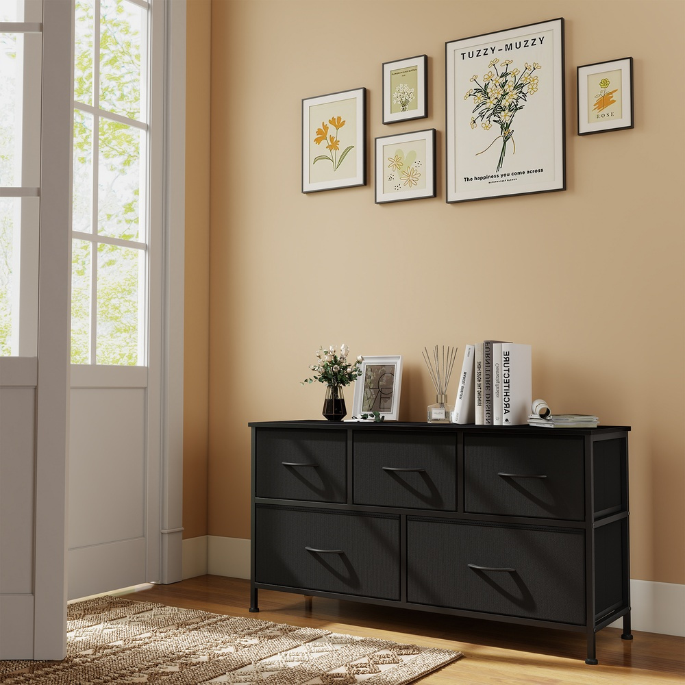 TEMU Commode à 5 tiroirs, unité de rangement pour chambre, acier, MDF, tissu non tissé, pour chambre, placard, couloir, salon, noir encre et noir
