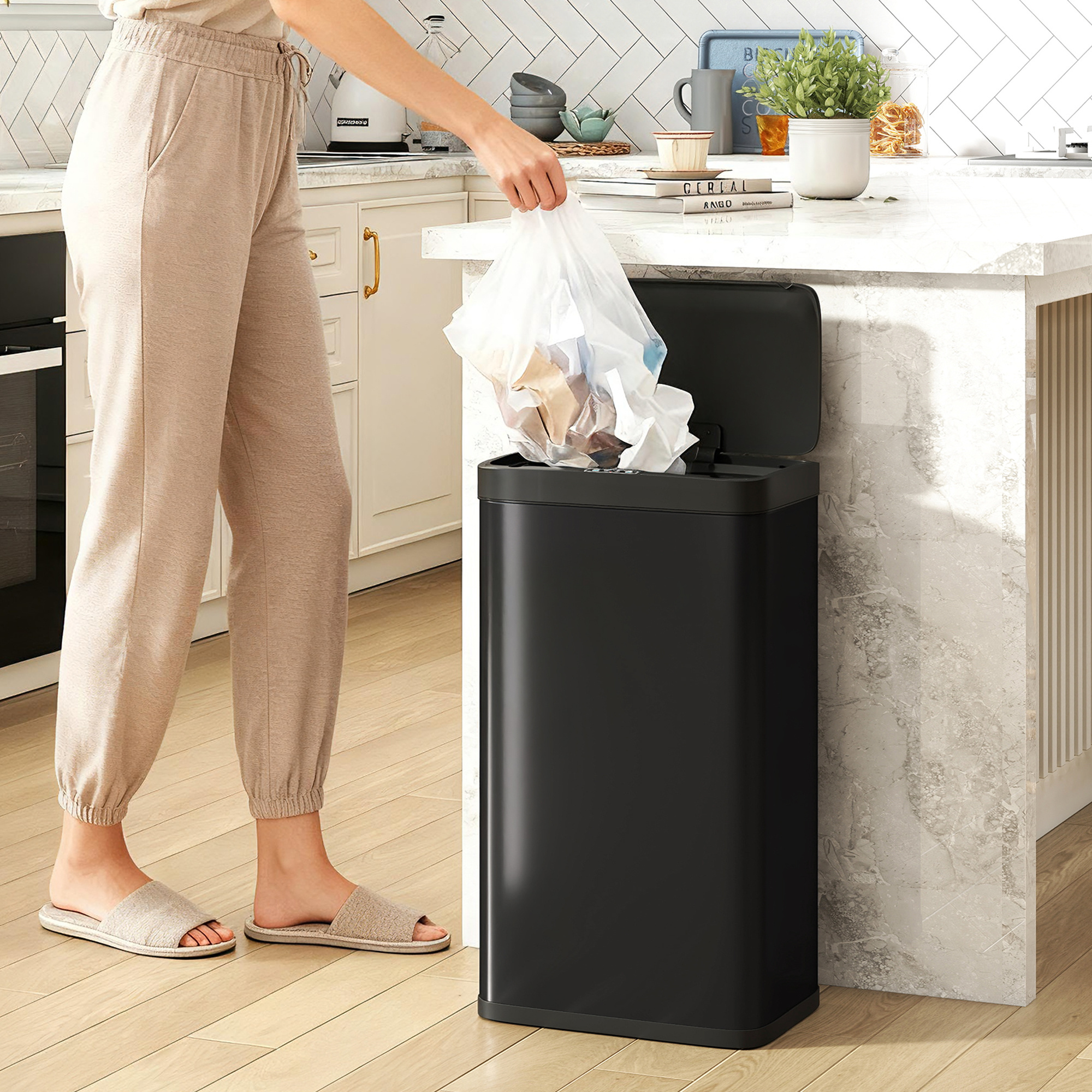 TEMU Homcom 12 Gallon (45 L) Sensor Trash Can With Lid, Automatic Motion Sensor With Fingerprint-proof Stainless Steel For Kitchen Gym Home Office,