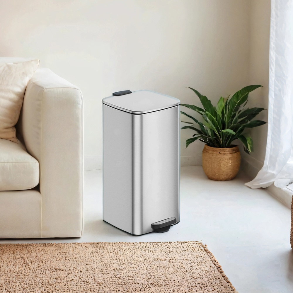 TEMU Poubelle, 8 Gallons (30 L), Bac à Ordures en Acier Inoxydable pour Cuisine, avec Seau Intérieur, Fermeture Douce et Ouverture Maintenue, Argent