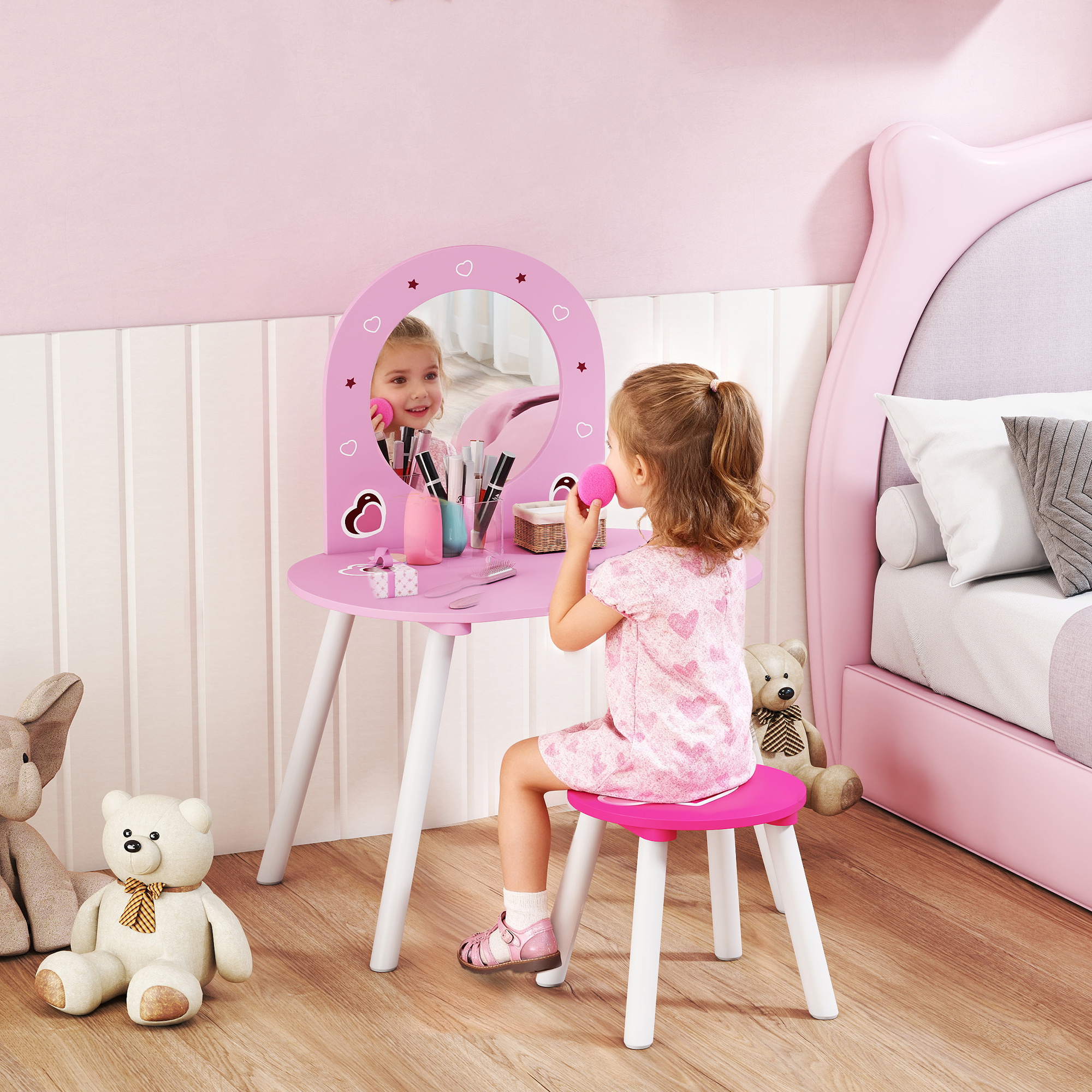 TEMU Qaba Kids Vanity Set With Mirror And Stool, Girls Dressing Table, Toddler Makeup Vanity Table With Heart Pattern For Bedroom, Nursery, 3-6, Pink