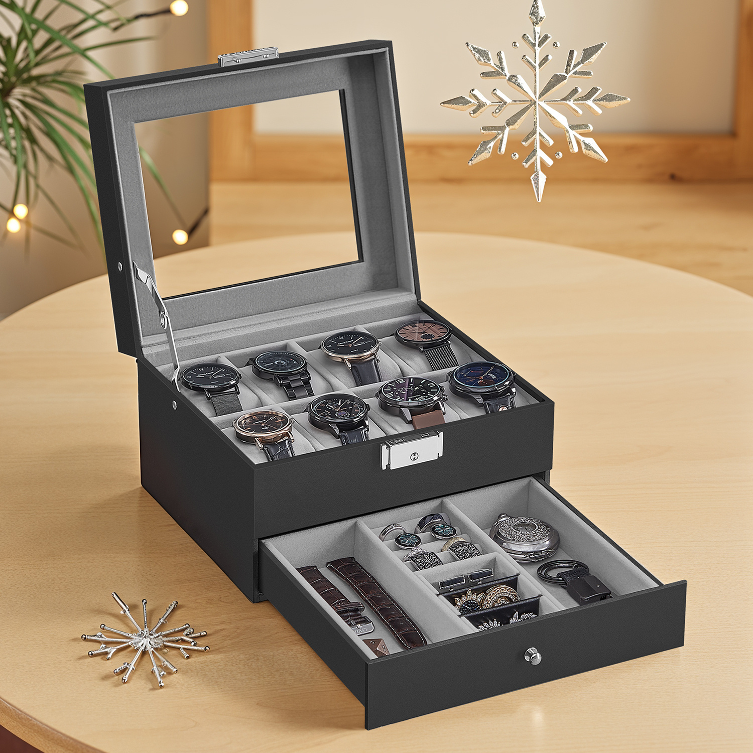 TEMU Boîte à montres 8 compartiments, Boîtier de montre verrouillable avec couvercle en verre, 2 couches, Cuir synthétique noir, Doublure gris