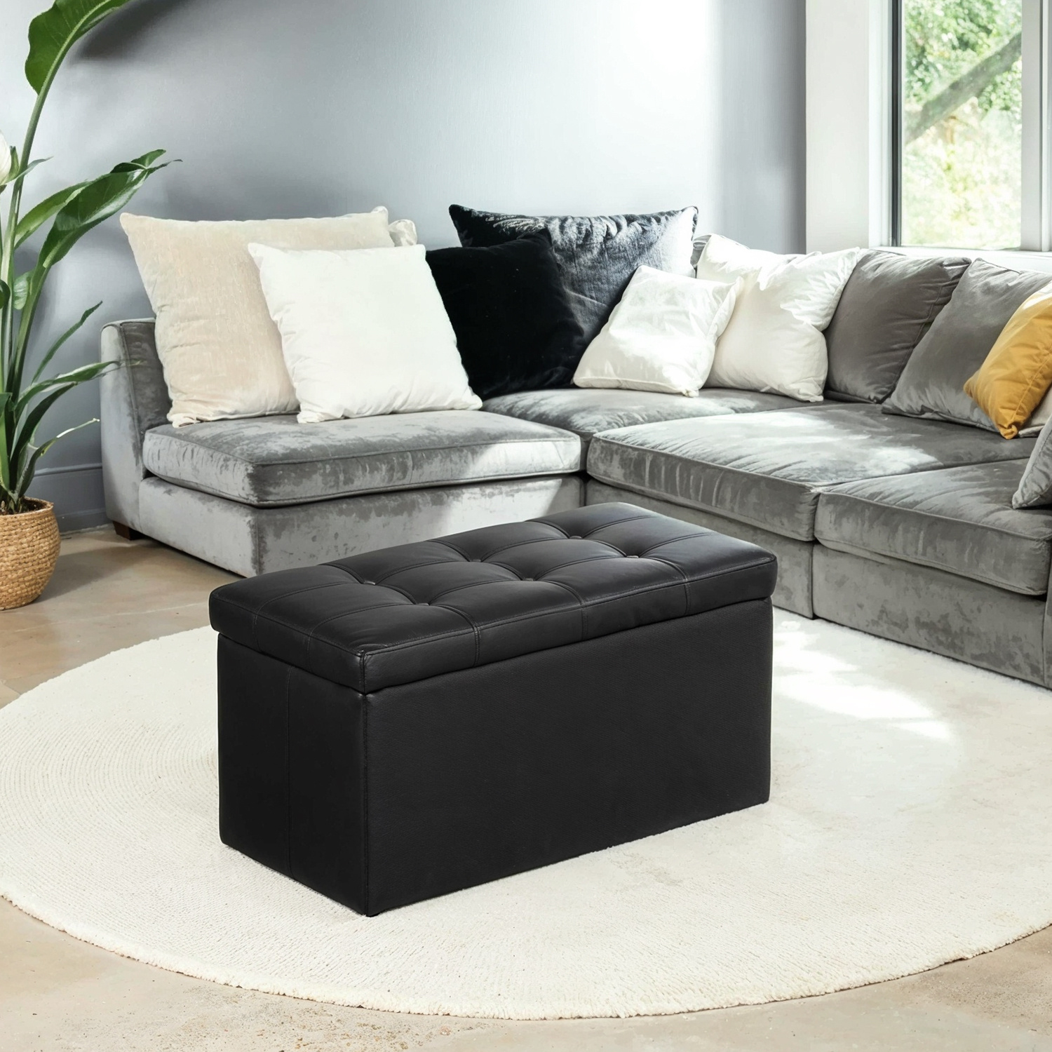 TEMU Banc Ottoman Pliant de 30 Pouces, Coffre de Rangement, -Pieds, Siège Rembourré, Noir Encre
