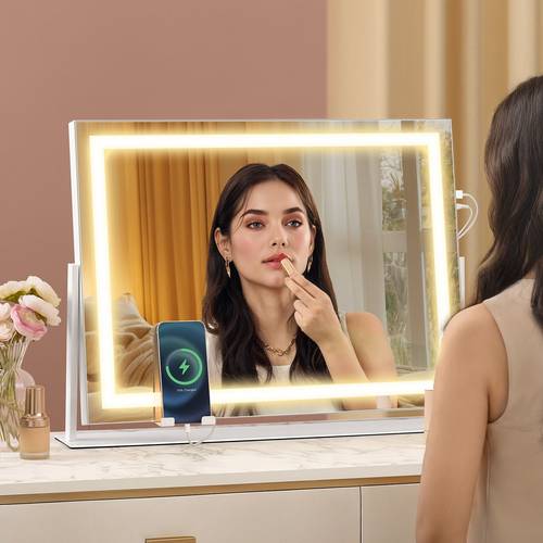 vanity makeup with lights touch control angle adjustable with charging ports detachable 10x magnifying 3 color temperatures dimmable phone holder matte white ulwm002w01