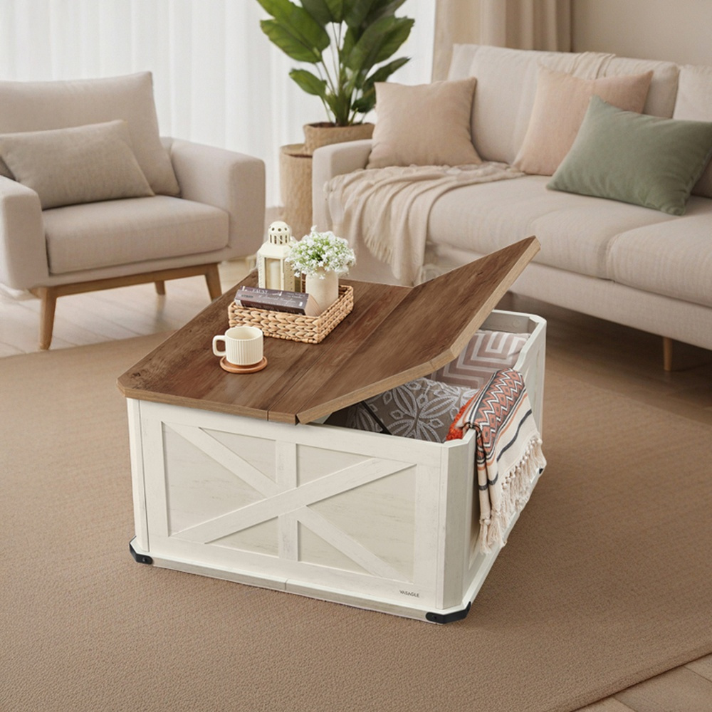 TEMU Table Basse de Style Ferme avec Rangement, Table Carrée pour Salon, Table avec Couvercles Rabattables, Brun Miel et Blanc Rustique
