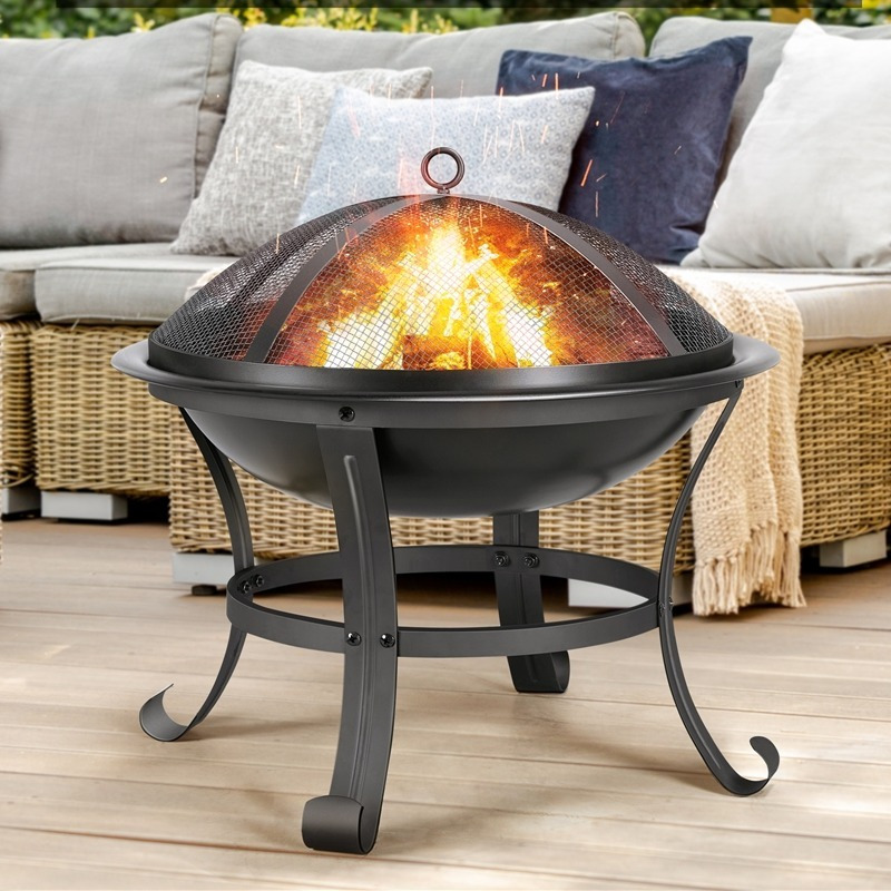 TEMU DESIGN 24" Rond, Feu de jardin en acier avec écran en , pelle à feu, gril à bûches, pour cour, porche, patio, magasin, barbecue, camping, , noir