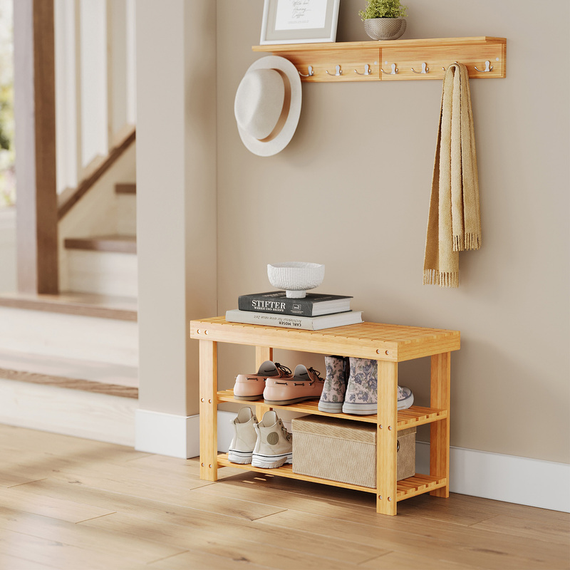 TEMU Banc à Chaussures, Organisateur de Rangement à 3 Niveaux en Bambou, 11.3 x 27.6 x 17.8 Pouces, Naturel ULBS04N