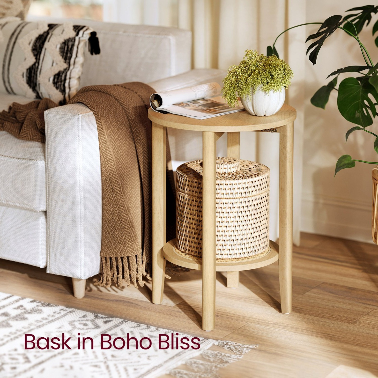 TEMU Table de chevet à 2 niveaux, table d'extrémité ronde avec étagère rotin, style bohème, pour salon, chambre à coucher, beige